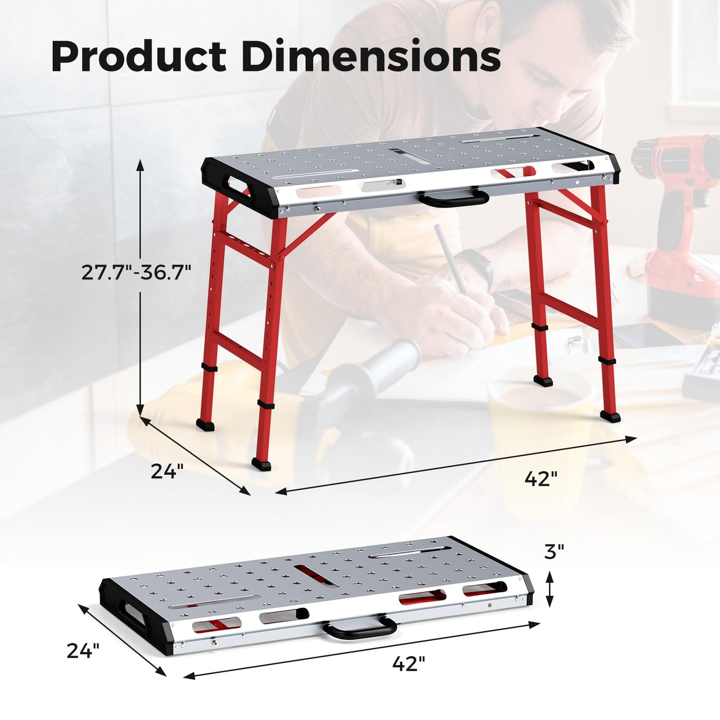Goplus Portable Welding Table, 42" x 21" Folding Height Adjustable Weld Table Top w/1000LBS Capacity, 2 Bar Clamps, 8 Tool Slots, Handle, 0.7” Holes, Heavy-Duty Workbench Fixture Table for Garage