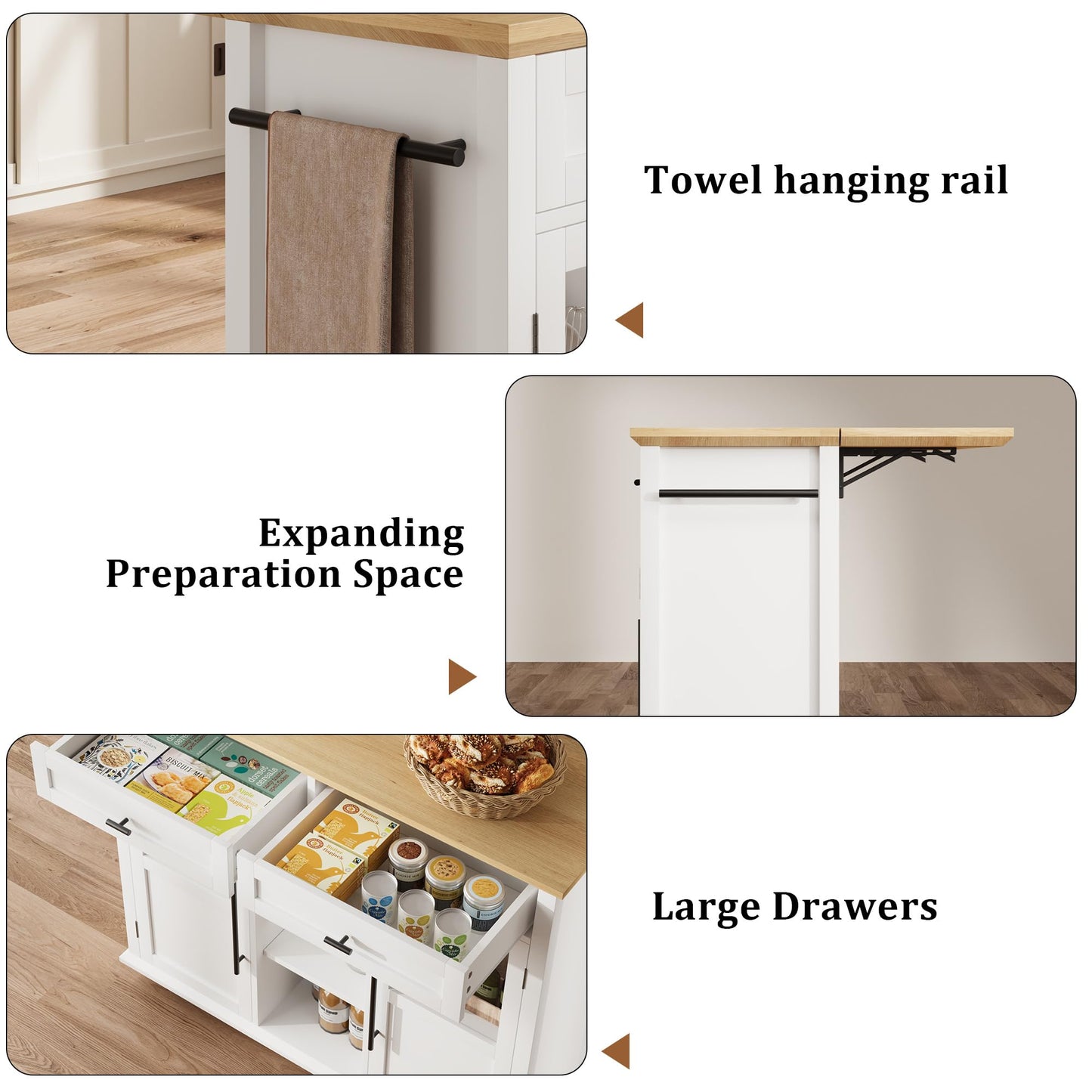 GarveeHome 41 in Rustic Kitchen Island on Wheels - Wood Drop-Leaf Table with 3-Tier Storage, Mobile Coffee Bar Cart for Small Spaces (White & Natural)