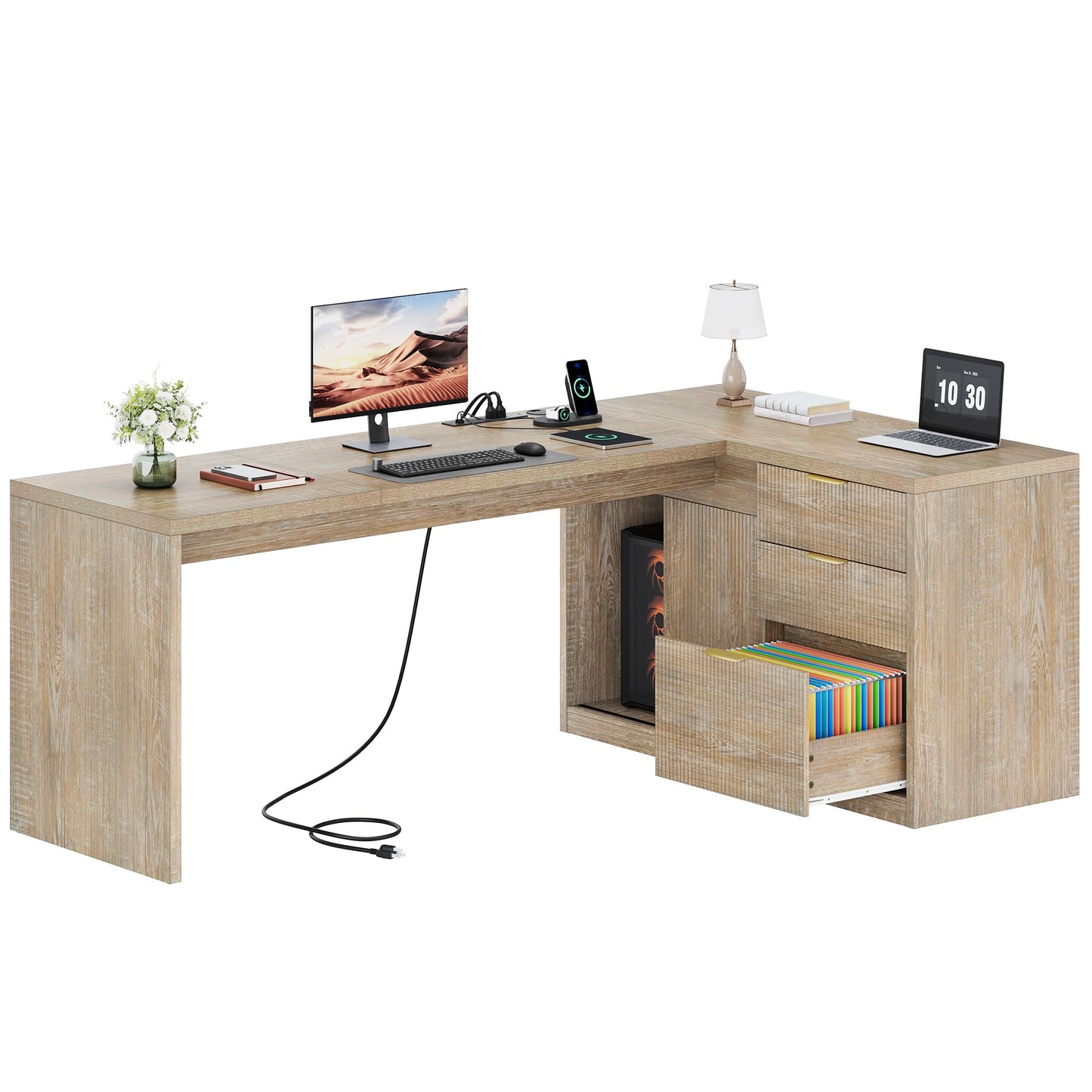 Homiflex 78.7" L-Shaped Executive Desk with Drawers and File Cabinet, Farmhouse Large Office Desk with Power Outlets & Sliding Door Storage, Corner Computer Desk for Home Office Gaming, Natural Oak