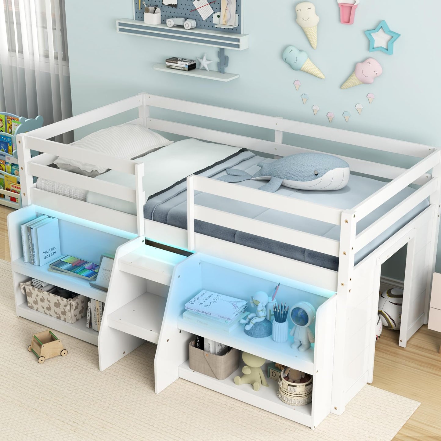 KOMFOTT Low Loft Bed with LED Light & 2 Bookcases, Wood Kids Twin Bed with Under-Bed Play Space, Stairs & Guardrails, No Box Spring Needed, Modern Low Loft Bed Frame, White