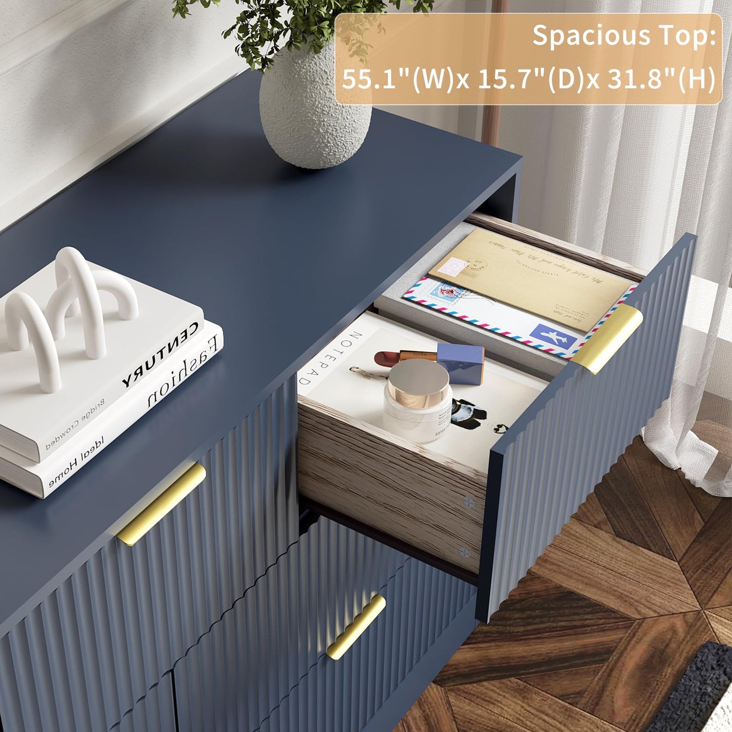 Sscaktu 7 Drawers Dresser for Bedroom,55" Wide Fluted Dresser with Deep Drawers, Modern Chest of Drawers, Wood TV Stand Storage Organizer for Closet, Living Room, Hallway, Blue