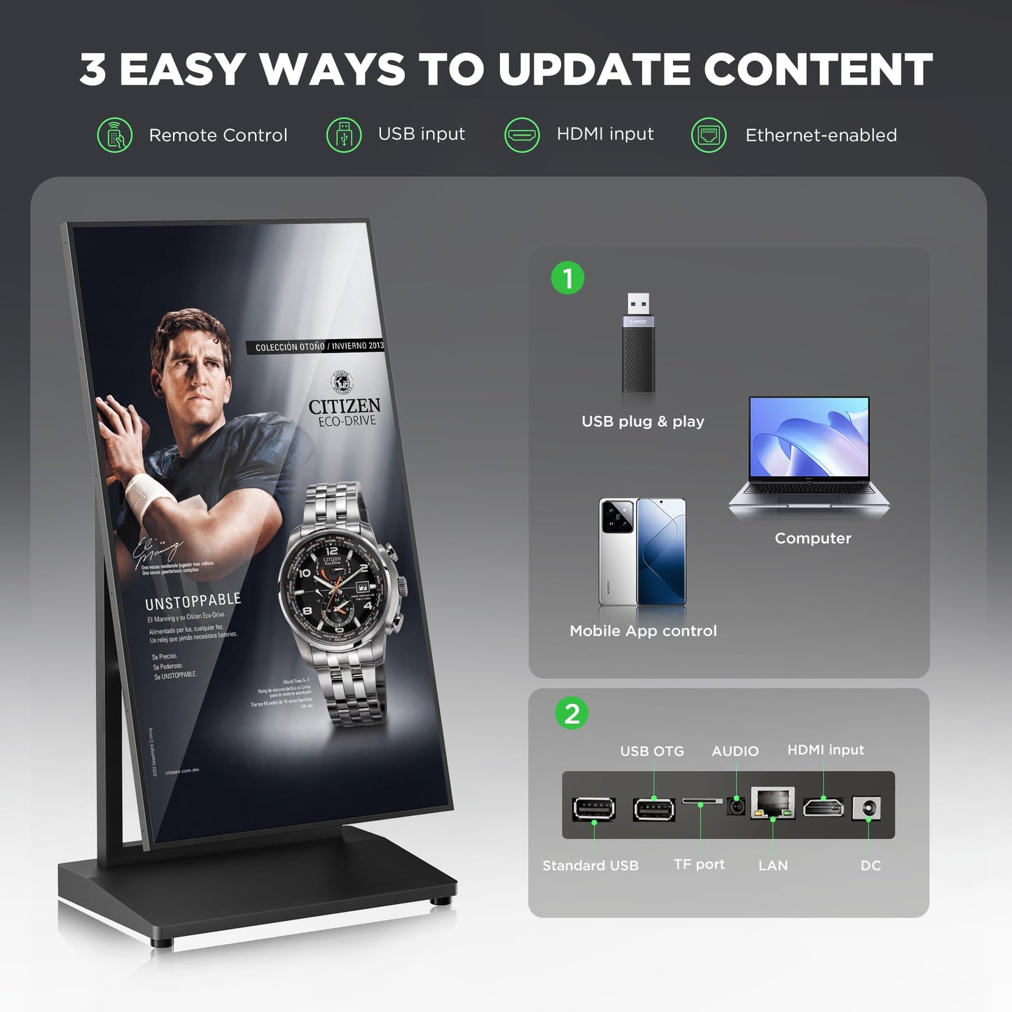 JASZDOT 43 Inch Digital Signage Display, 4K 800 Nits UHD Full Screen LCD Advertising Kiosk, Portable Floor Standing Auto AD Player Android14 App-Based Control with USB/HDMI/WiFi