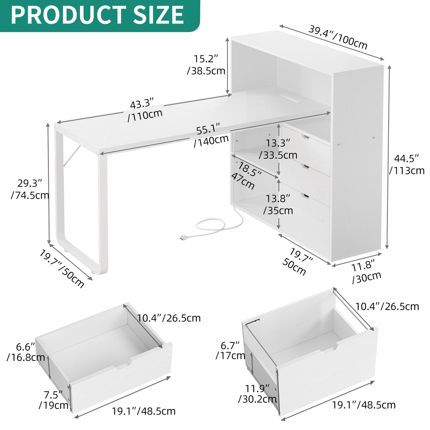 YITAHOME L Shaped Desk with Power Outlets, 55" Computer Desk with Drawers & Bookshelf, Home Office Desk with LED Lights, Corner Desk with File Cabinet, White