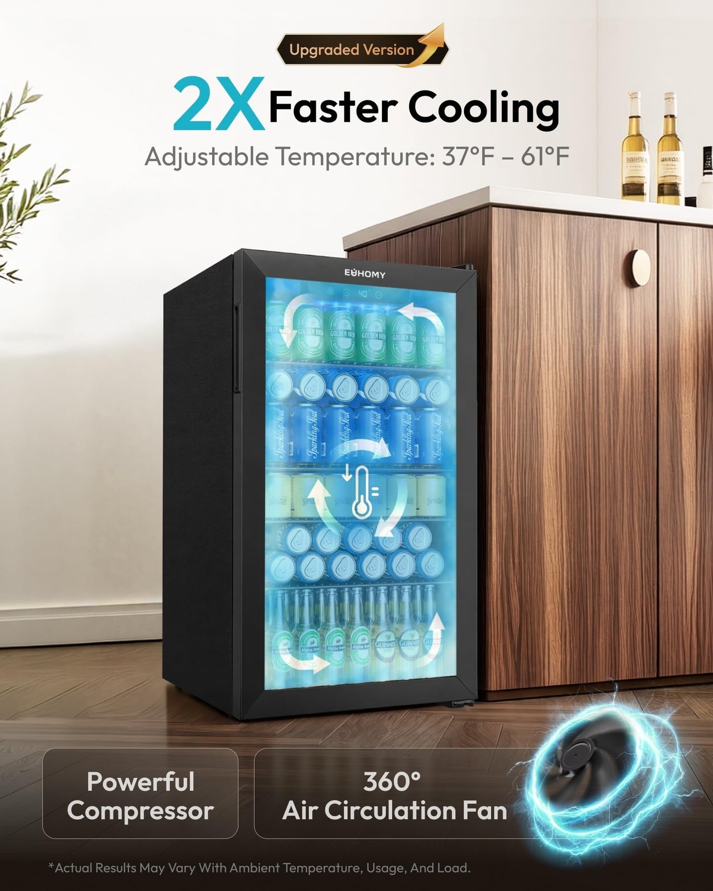EUHOMY Mini Fridge 130 Can Beverage Refrigerator Cooler Glass Door for Soda Wine Beer, Beverage Cooler for Home, Bar, Office with Digital Temperature Control Removable Shelves, Black