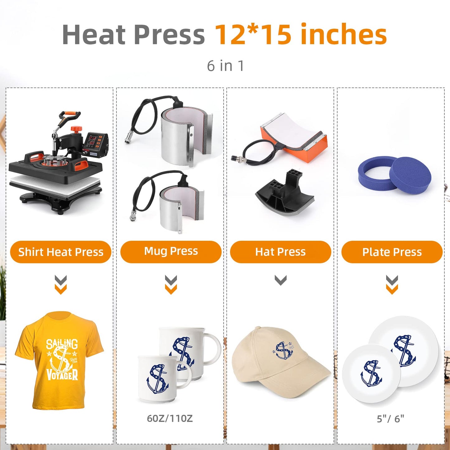 PioneerWorks 6 in 1 Heat Press Machine 12x15inch, T-Shirt Pressing Machine Slide Out Design with Digital Controller, Heat Press Transfer Combo for T-Shirt/Hat/Cap/Mug/Plate