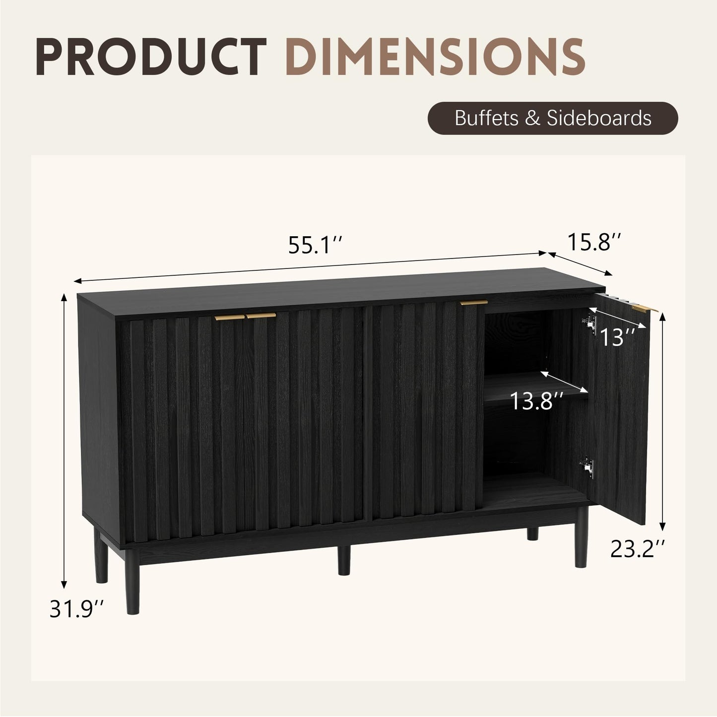 Otterease Fluted Cabinet with Storage, Small Buffet Cabinet Sideboard with Door, Kitchen Buffet Storage Accent Cabinets with Adjustable Shelves for Living Room, Entry, Hallway,Black