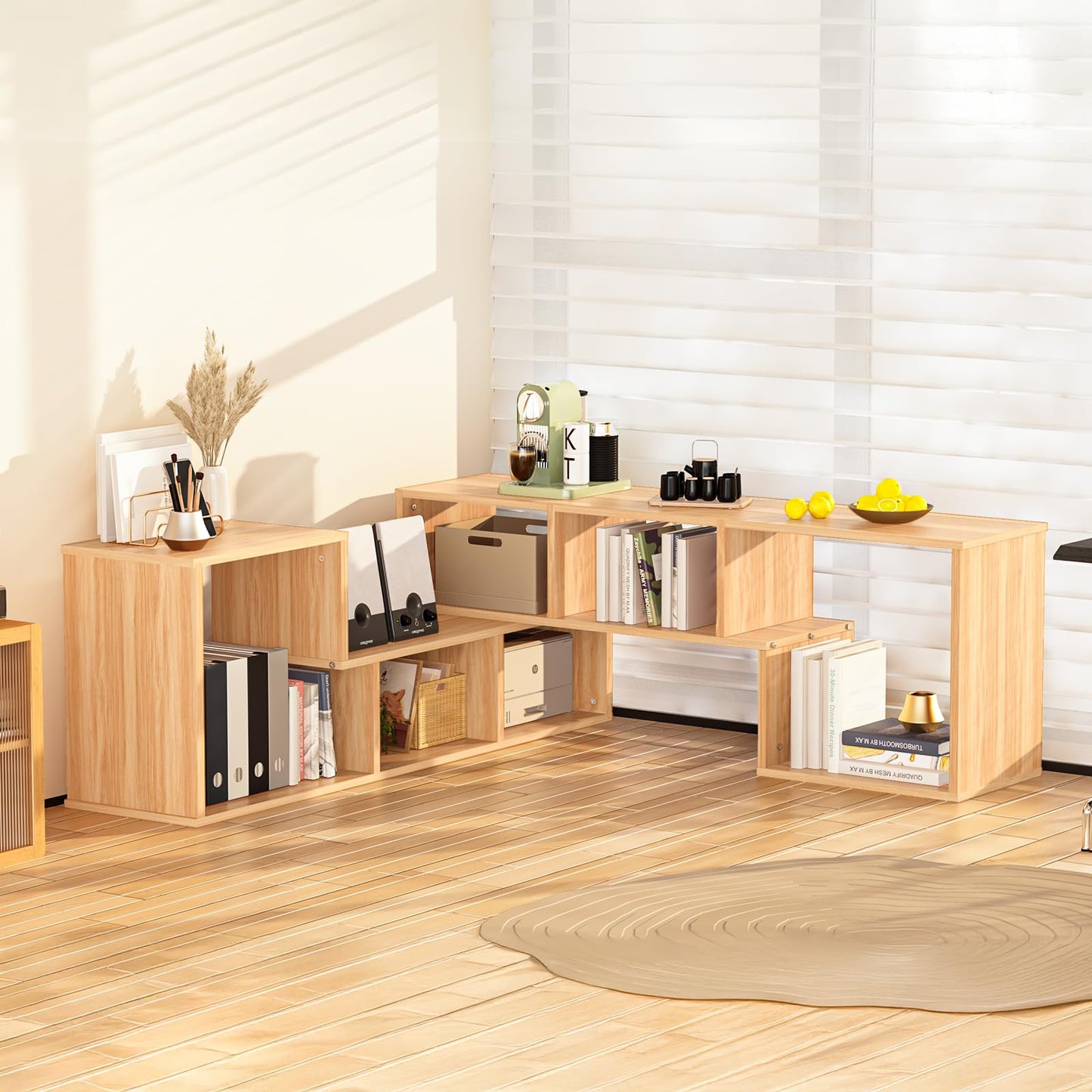 Recaceik Cube Bookshelf 2 Shelf Bookcase L-Shaped TV Console Stand Modern Entertainment Center with Open Storage Shelves for CDs/Movies/Books for Living Room, Bedroom, Home Office (Oak)