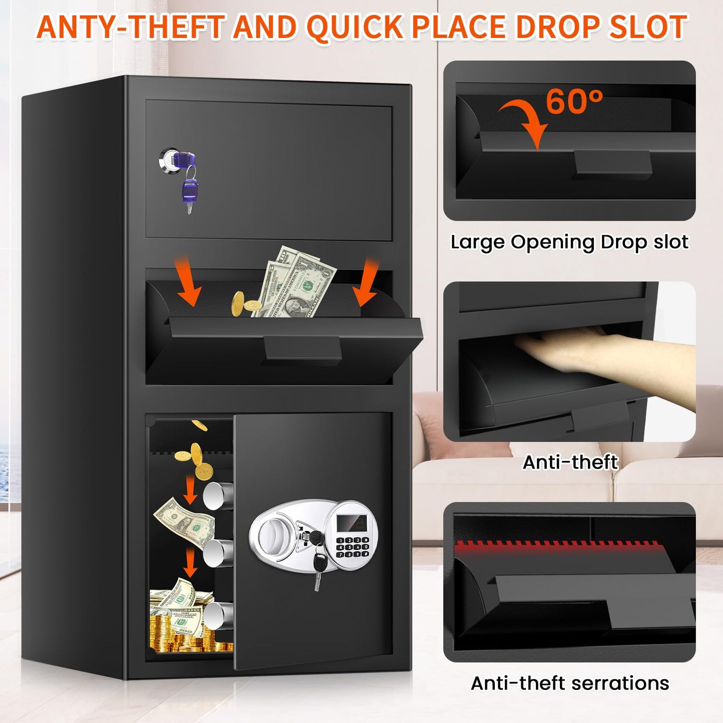 5.6 Cuft Large Depository Drop Safe for Business, Anti-Theft Safe Box with Quick Place Drop Slot, Digital Keypad and Spare Key, Heavy Duty Drop Safes for Business Retail Mail Church Home