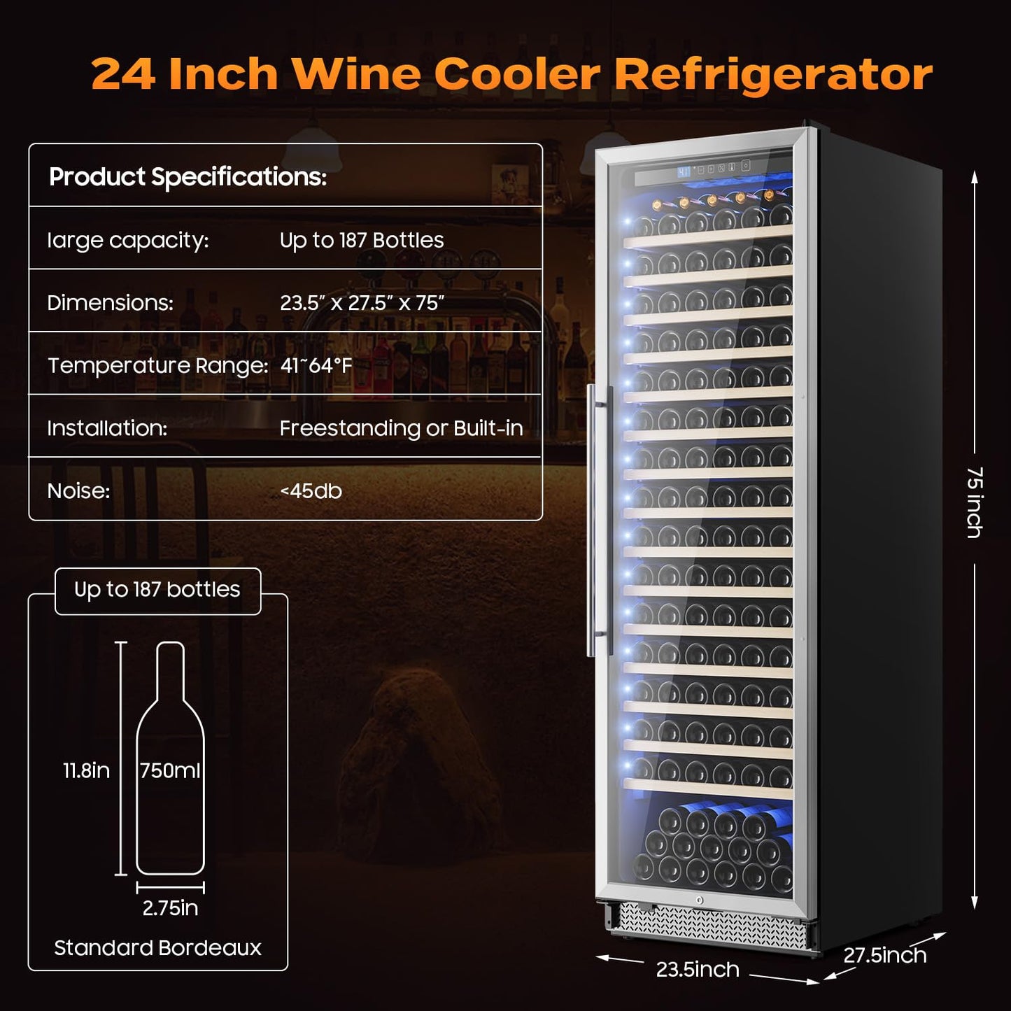 Vushine 24 Inch Wine Fridge, 187-Bottle Large Capacity Wine Cooler Refrigerator, Freestanding or Built-in Tall Wine Cooler with Upgraded Compressor, Low Noise For Home