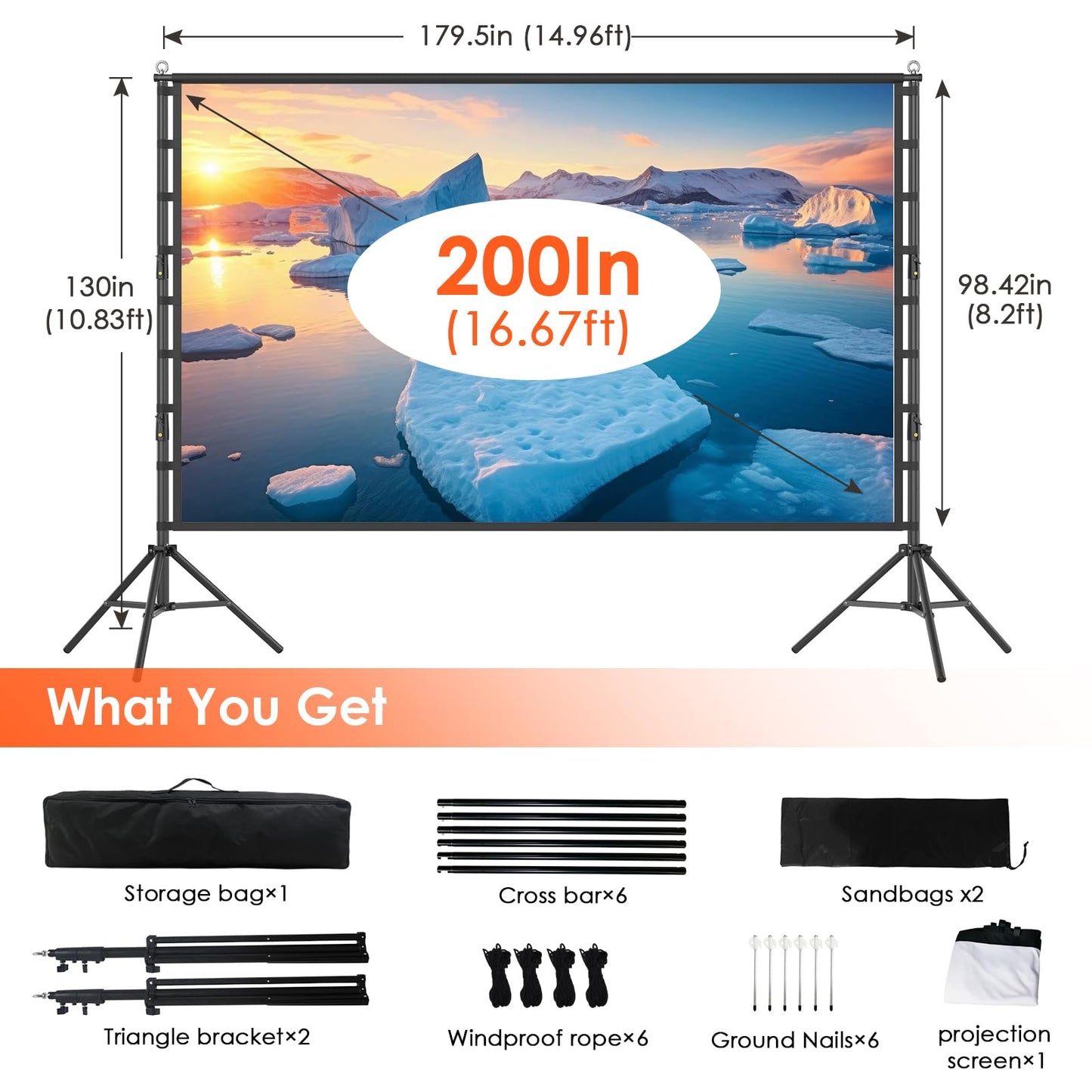 Outdoor Projector Screen with Stand, 200 inch Indoor Movie Screen 16:9 4K Rear Front Portable Projection Screen, Quick Setup Foldable Travel Home Theater Screen with Carry Bag for Backyard Camping