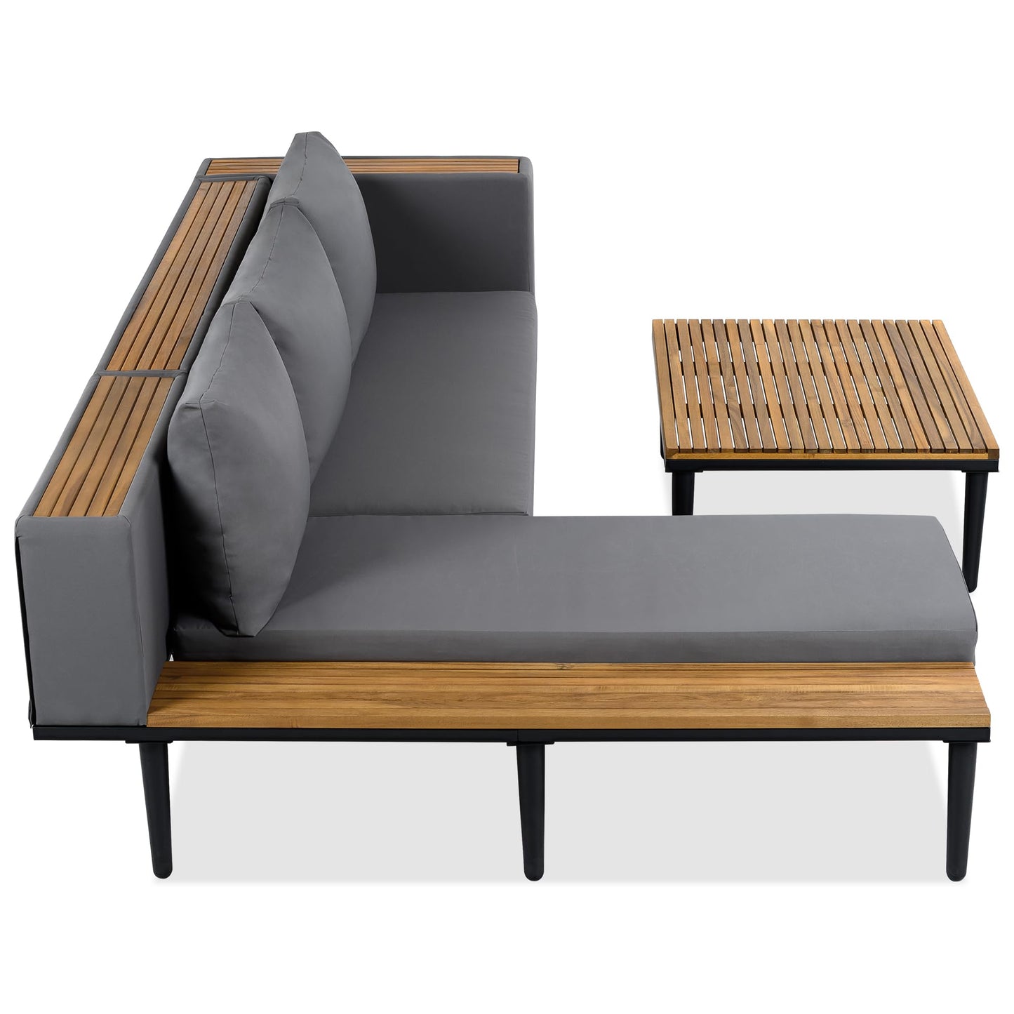 Luxury 4-Piece L-Shaped Outdoor Patio Sofa Set with Acacia Wood Side & Coffee Table, Removable Cushions & Pillows, Metal Frame, Comfortable Modular Conversation Sectional for Backyard, Porch, Gray
