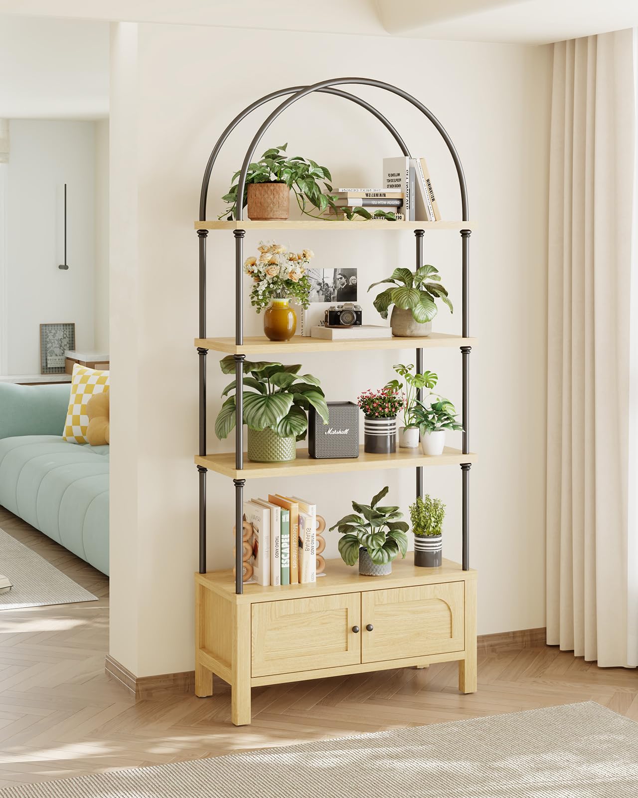 GOUUN Arched Bookshelf with Door 71 Inches Tall Arch Bookcase Oak Book Shelf with Storage Cabinet Heavy-Duty Shelving Board Aesthetic Display Shelving Unit for Living Room/Office