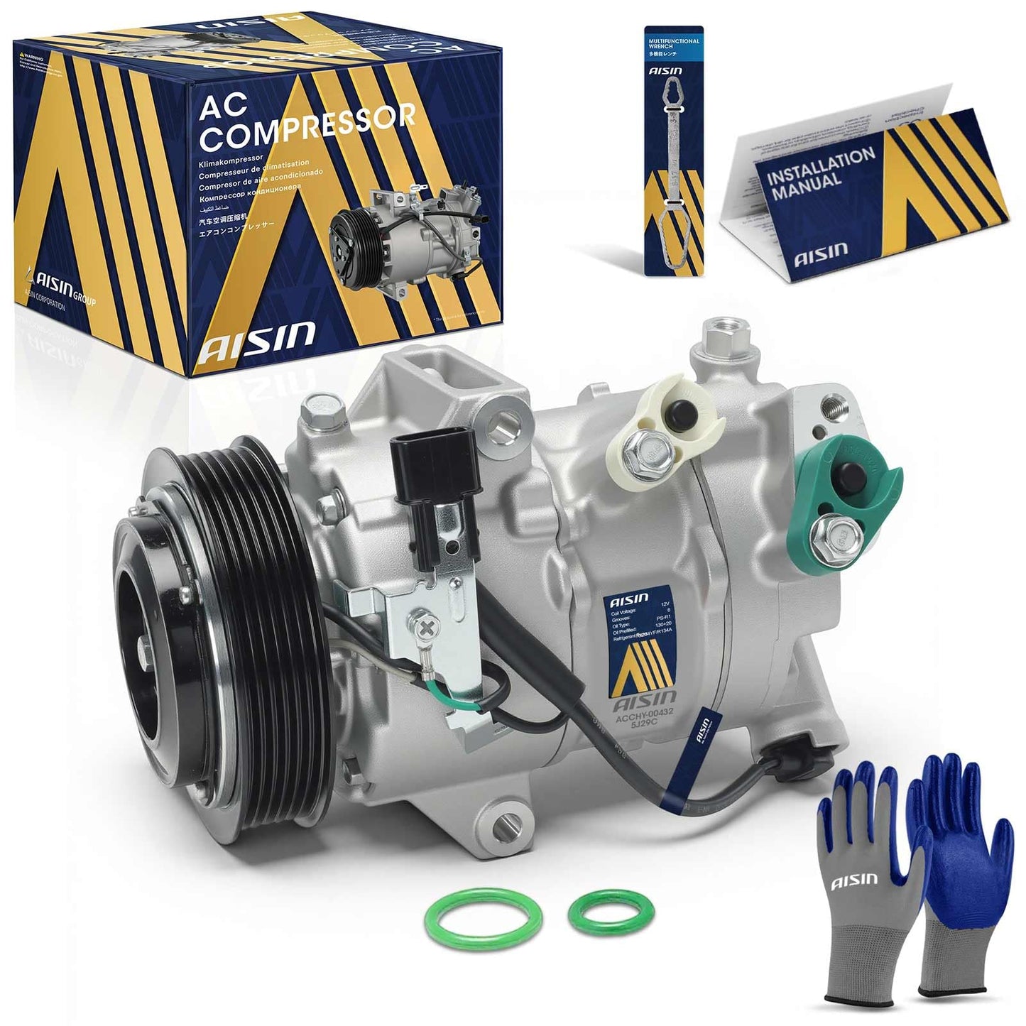 AISIN AFTERMARKET ACCHY-00432 Air Conditioner AC Compressor - Compatible with Hyundai Sonata 2020-2023 1.6L 2.5L - with 6-Pulley Groove, with Clutch