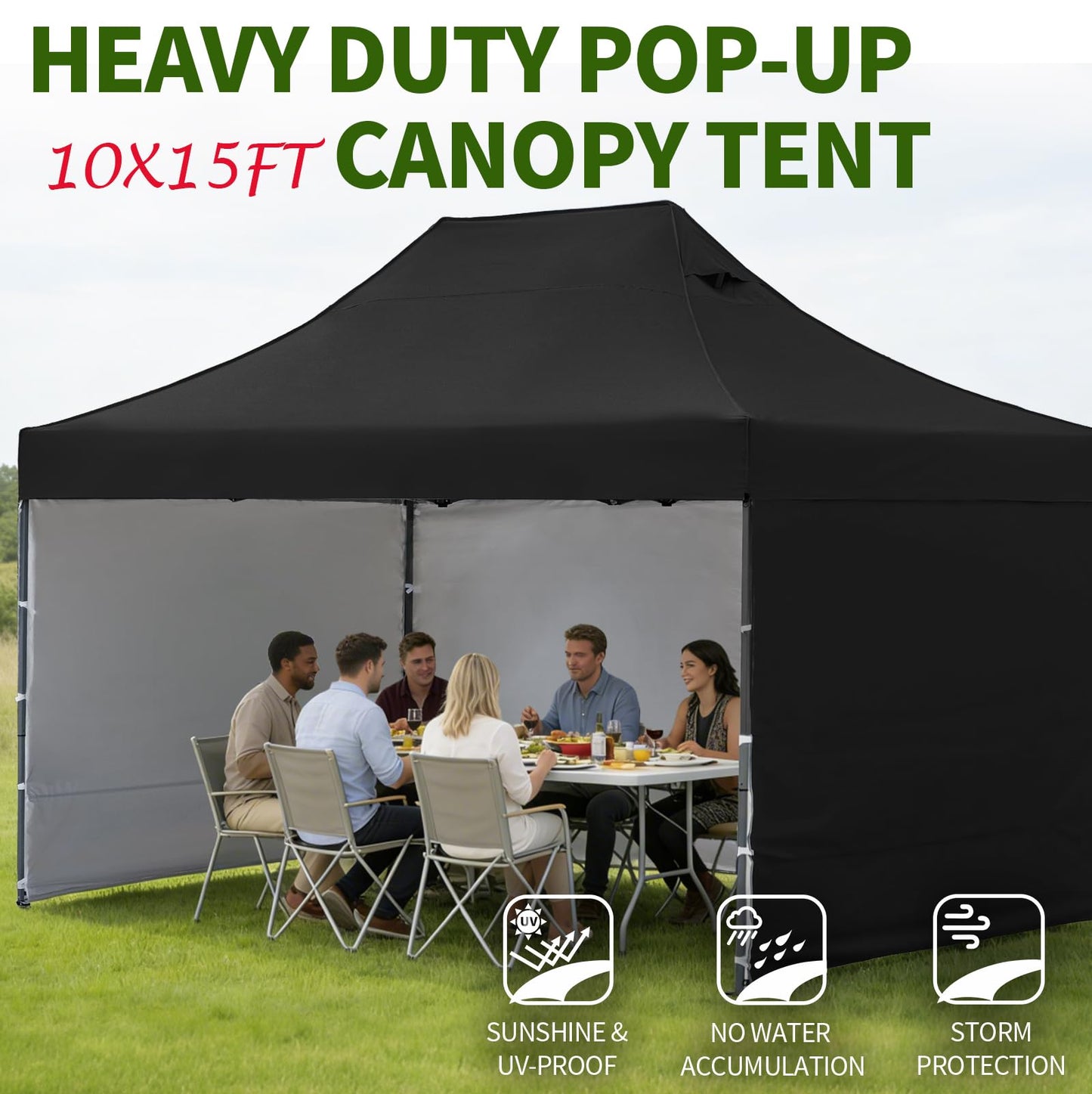 10x15 Heavy Duty Pop Up Canopy Tent, Outdoor Commercial Easy Up Canopy Outdoor Party Tents with 3 Removable sidewalls and Wheeled Bag for Events, Parties, Weddings(Black)