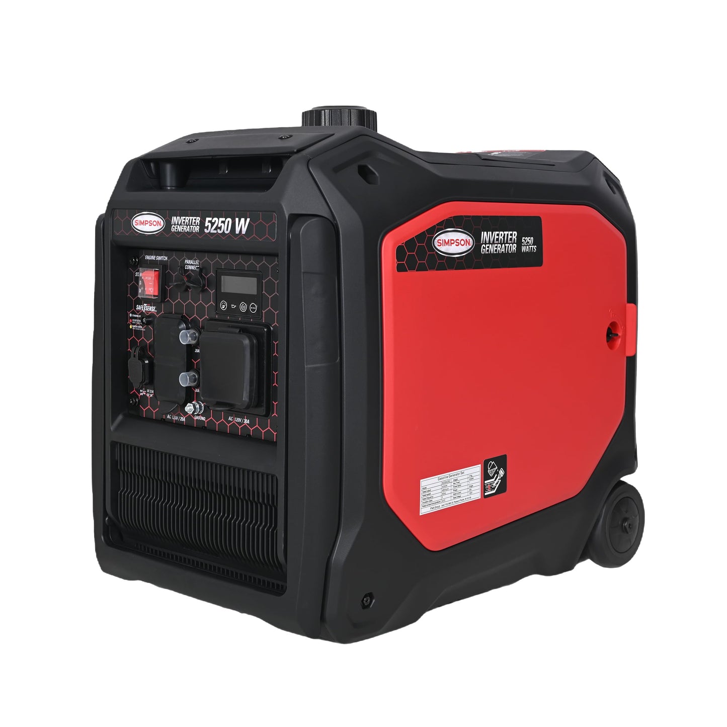 Simpson 5250 Watt Inverter Generator, Quiet Portable Inverter Dual Fuel Generator with Wheels, 2 120V Outlets, 2 USB Ports, 1 30A RV Outlet, 4200 Running Watts, Parallel Capable, CO Sensor (SGS4252)