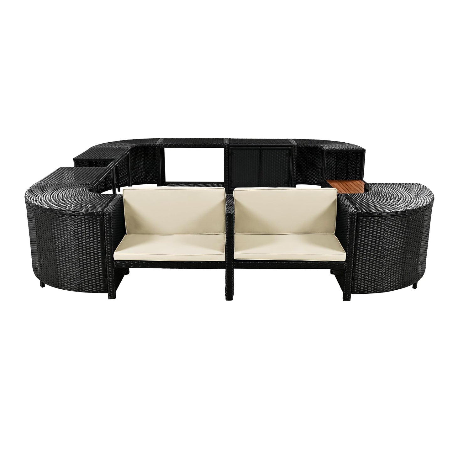 YOPTO Outdoor Waterproof Spa Surround Rattan Sectional Sofa Set with Mini Sofa,Wooden Seats and Storage Spaces Chaise w/Comfortable Cushion,Garden Furniture for Yard Pool Backyard,Beige