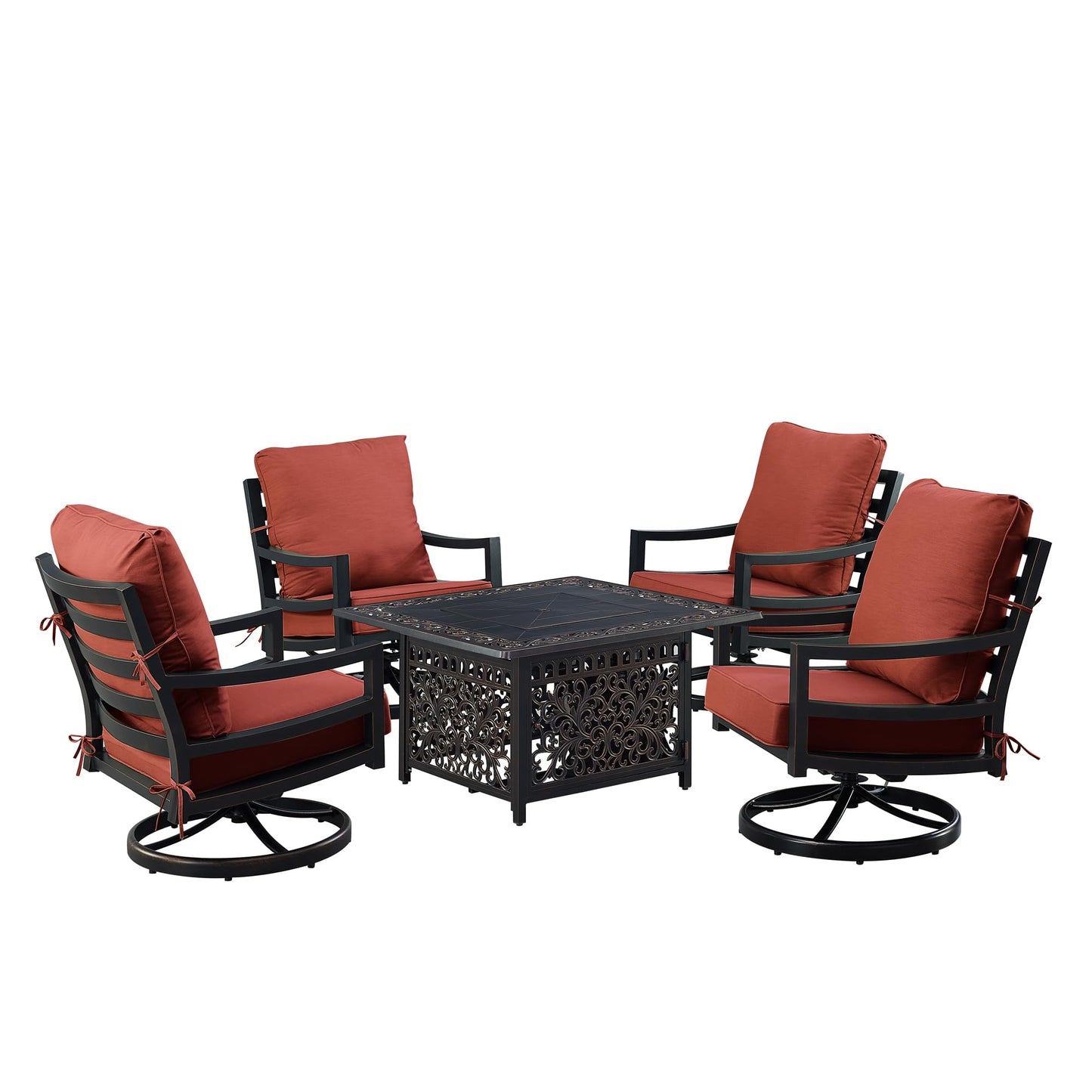 Oakland Living Black Aluminum Patio Fire Table Set with Four Club Chairs with Red Cushions