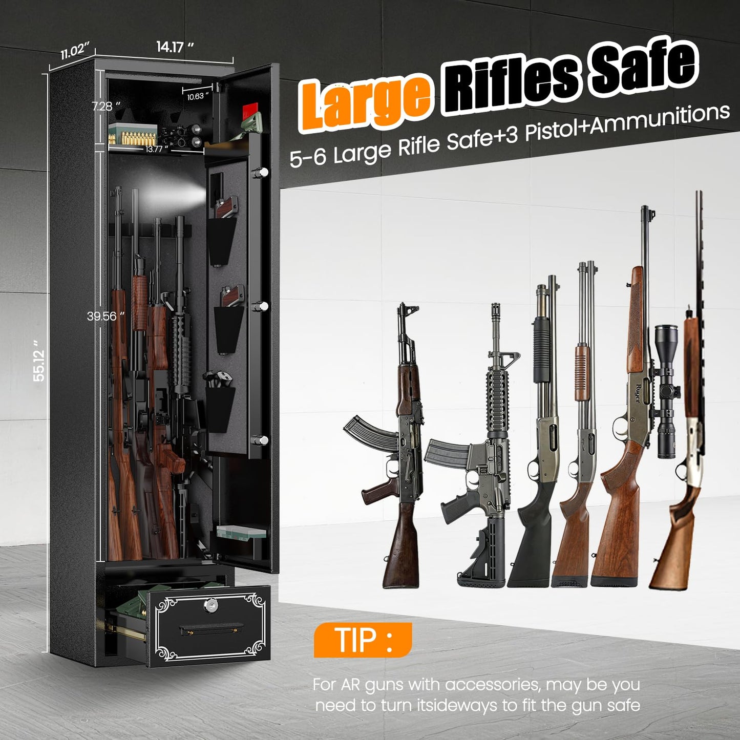 Assembled 22 Gun Safe for Rifle and Pistols, 6 Rifle Safes for Home, Shotgun Safe Long Gun Cabinet for Firearm with Drawer, Removable Shelf & Gun Rack