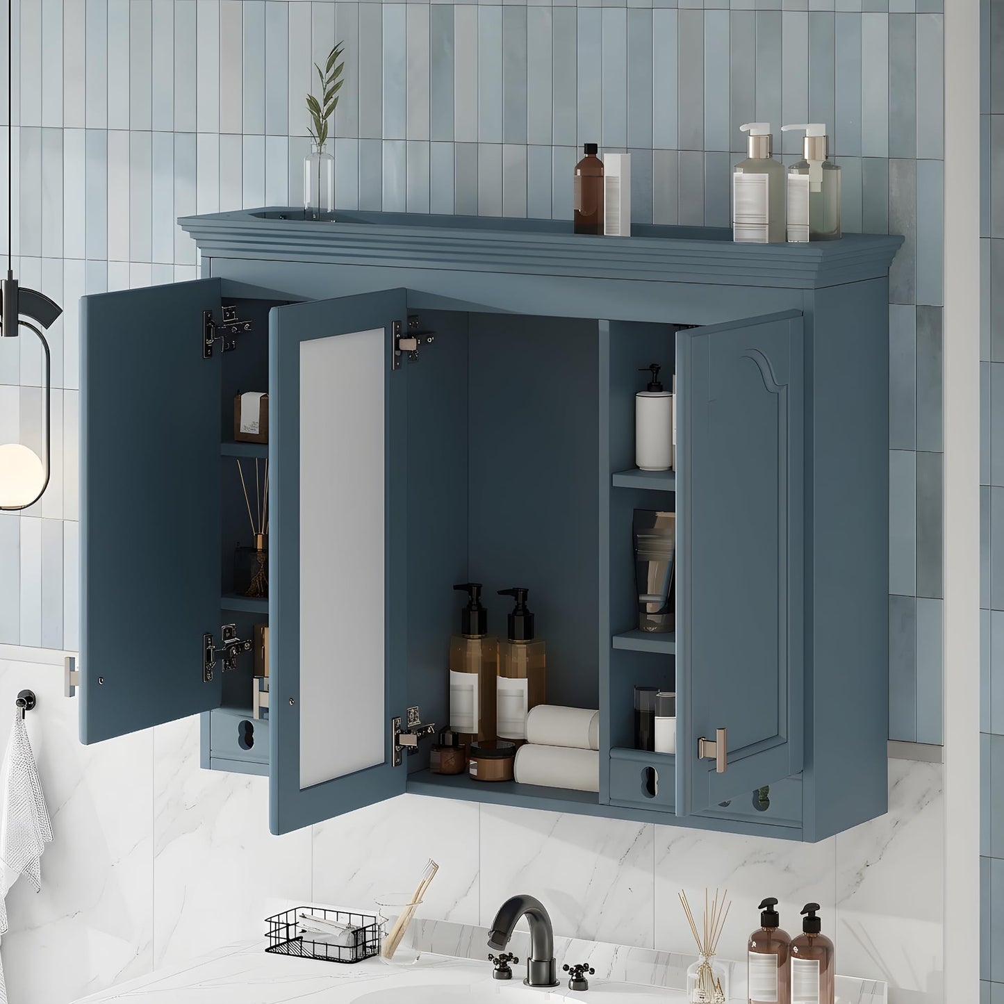 Merax Country Bathroom Medicine Cabinet with Mirror, 36" x 28" Wall Mount Bathroom Storage Cabinet with Soft-Close Doors and Adjustable Shelves, Over Toilet Wall Cabinet