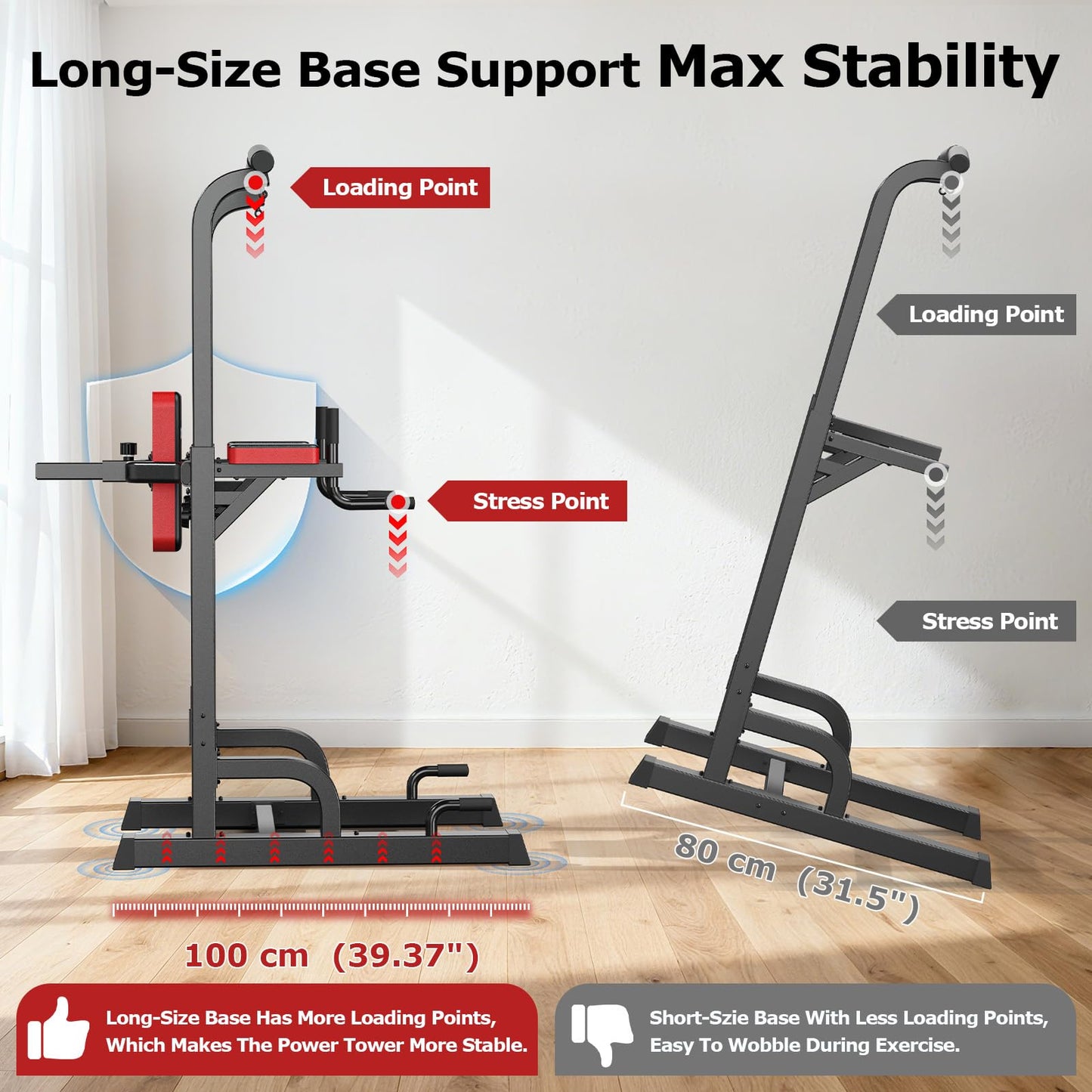 Power Tower Dip Station Pull Up Bar for Fitness Home Gym Workout,Multi-Function Adjustable Height Fitness Strength Training Exercise Equipment,with Power Elastic Ropes,Black Red-02