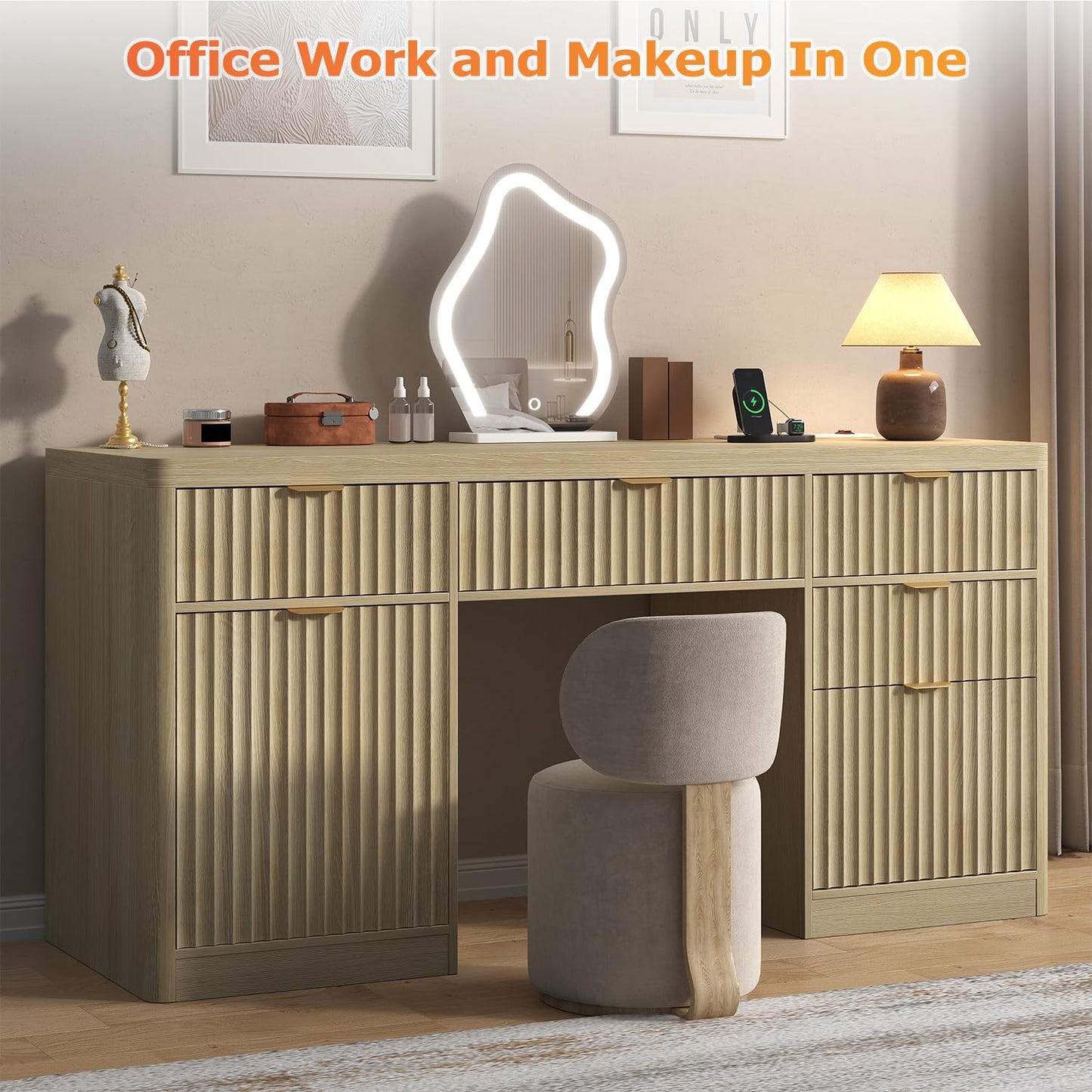 knoworld Fluted Executive Desk with Charging Station, 58" Wood Home Office Desk with 4 Drawers, 1 File Cabinet, 1 Storage Cabinet, Modern Writing Desk for Work, Living Room, Bedroom (Natural)
