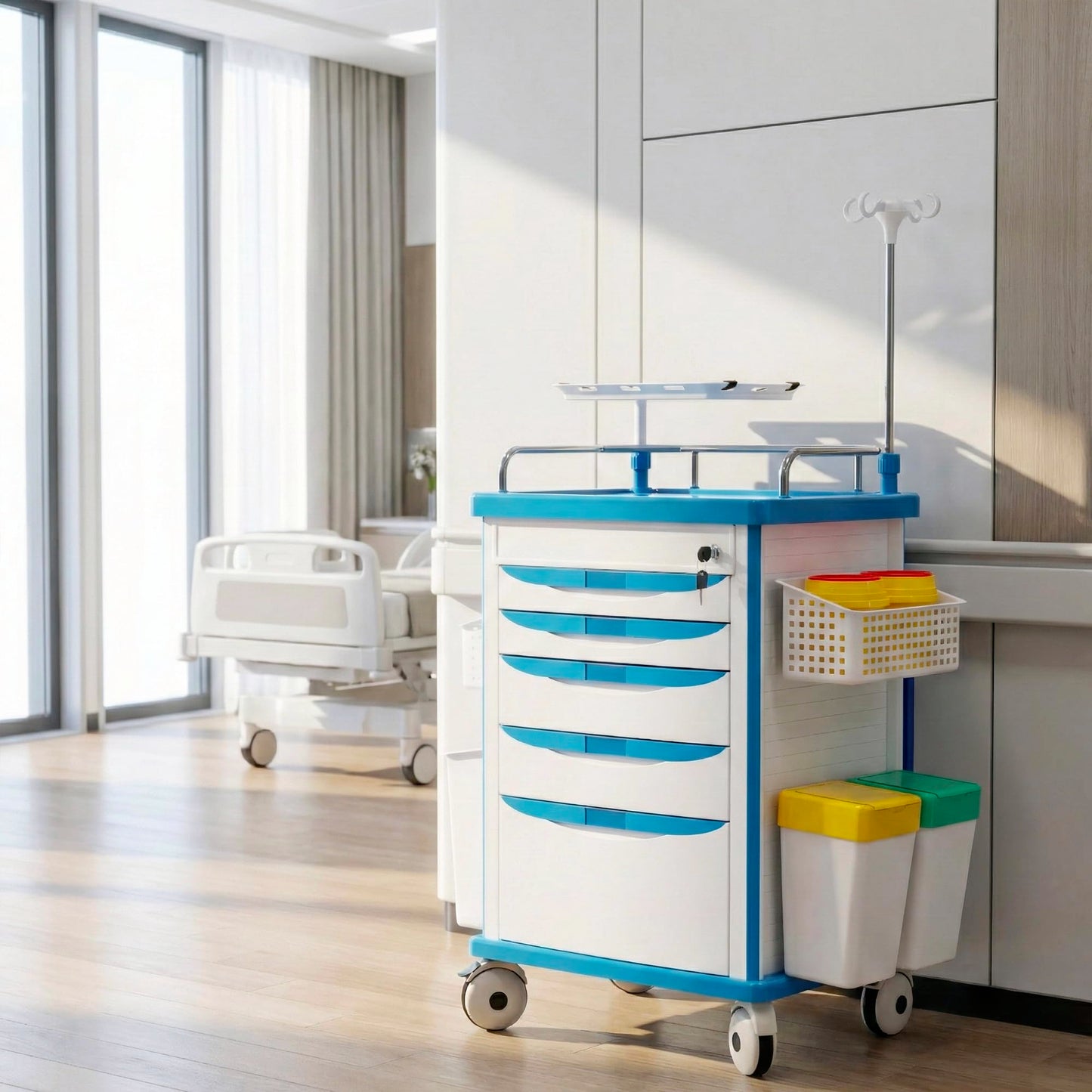 Fuzren Medical Rolling Storage Crash Cart with Wheels, 5-Tier Medical Cart with Drawers, Adjustable IV Pole, Trash Bin & O2 Holder, Needle Disposal Holder, Silent Casters, Ideal for Hospitals (Blue)