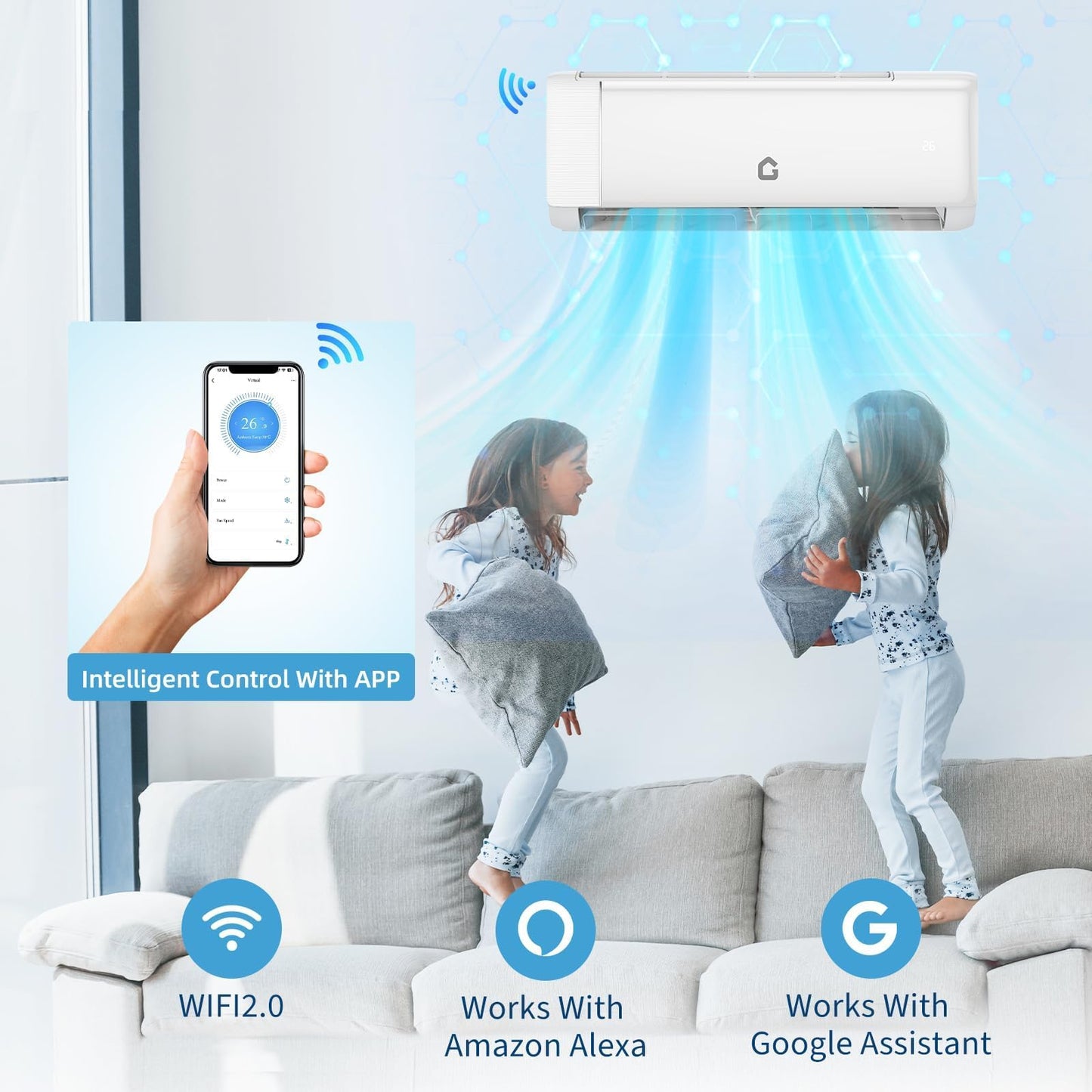 9000 BTU Mini Split AC & Heat Pump, 19 SEER2, Ultra-Quiet Ductless Inverter, Cools & Heats Up to 450 Sq. ft, WiFi & Remote, 6 Modes, Pre-Charged, Complete Installation Kit for Home & Office