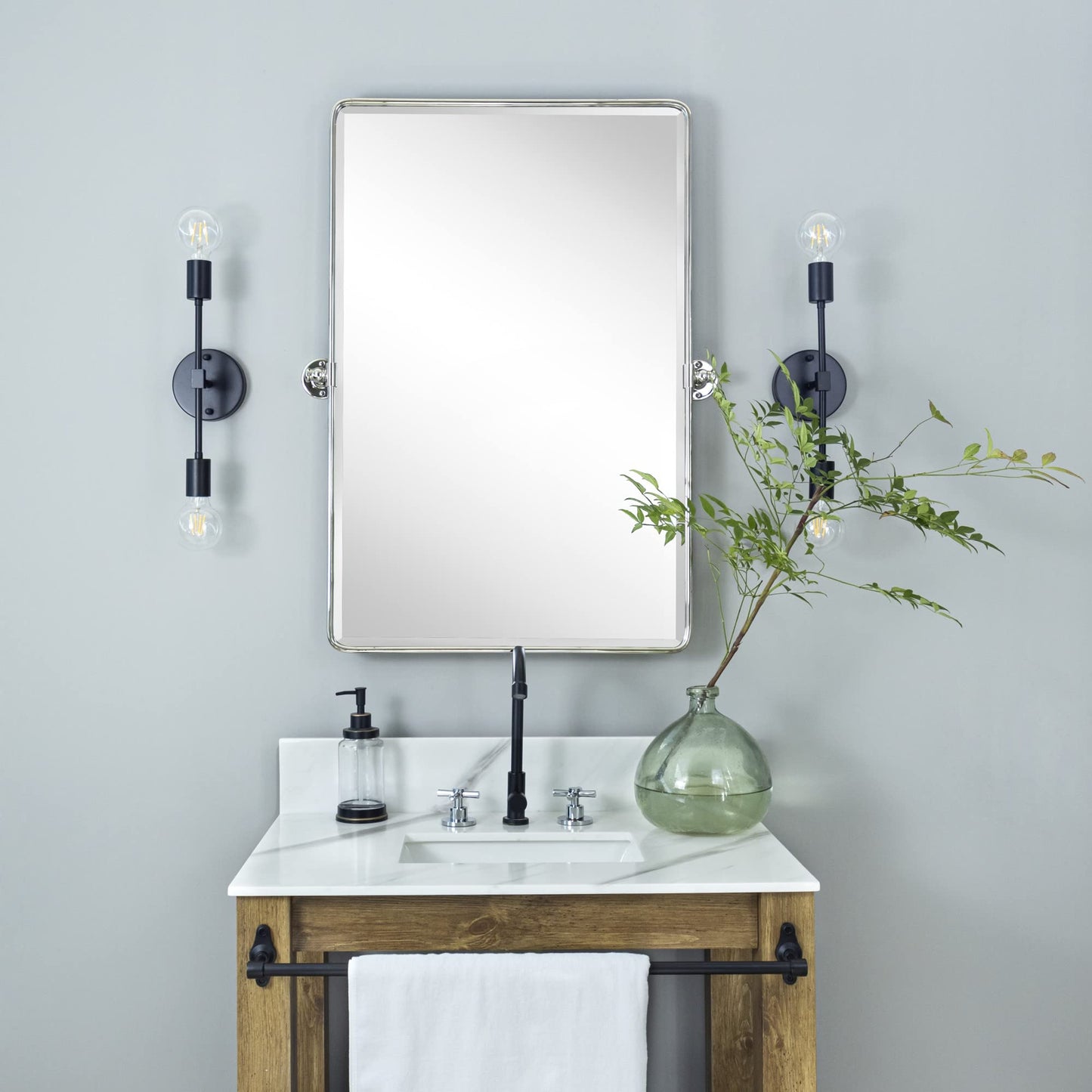 TEHOME Chrome Pivot Rectangle Bathroom Vanity Mirrror Farmhouse Tiltable Rounded Metal Framed Pivoting Bathroom Mirror with Beveled Mirrror, Overall 26.91 x 35 inches (Mirrror 23 x 35 inches)