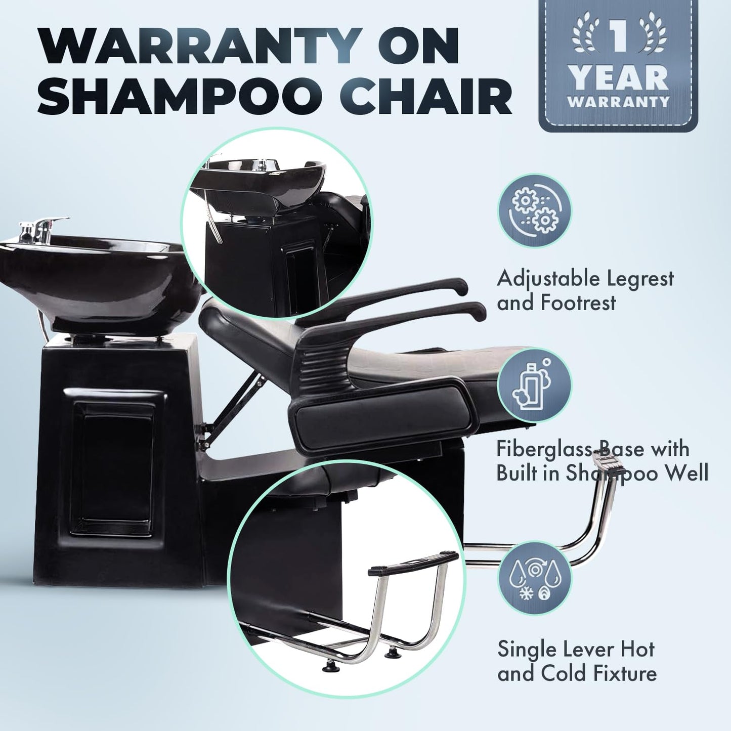 Buy-Rite Lounge Backwash Unit - Black Salon Shampoo Chair with Porcelain Sink, Adjustable Leg & Footrest, Ergonomic Headrest, Single Lever Faucet, Vacuum Breaker, TS-8012