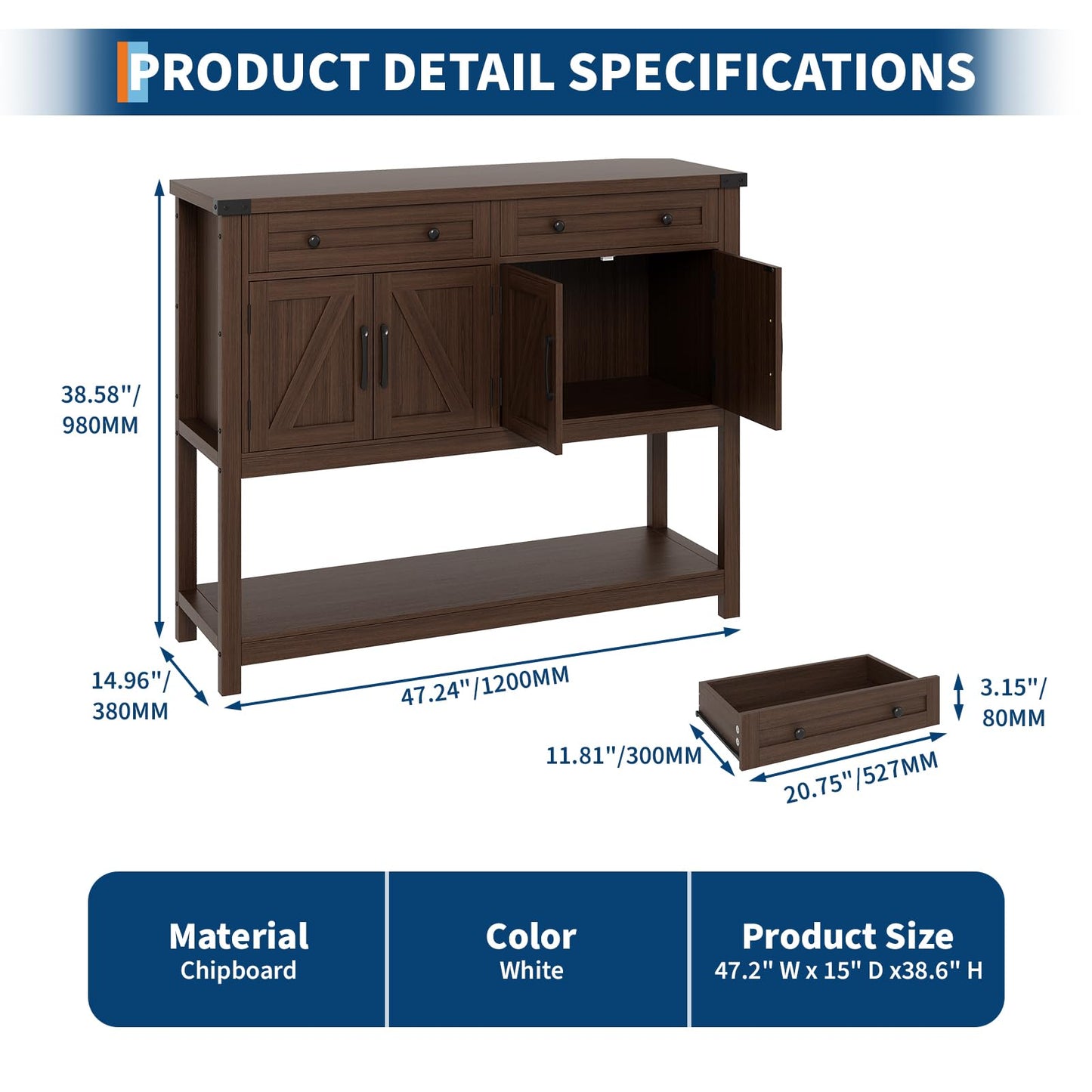 PeacefulHues 47.2inch Large Sideboard Buffet Cabinet, Farmhouse Coffee Bar Cupboard Cabinet Storage, Wood Console Table with 2 Drawers for Kitchen Dining Living Room Entryway, Brown