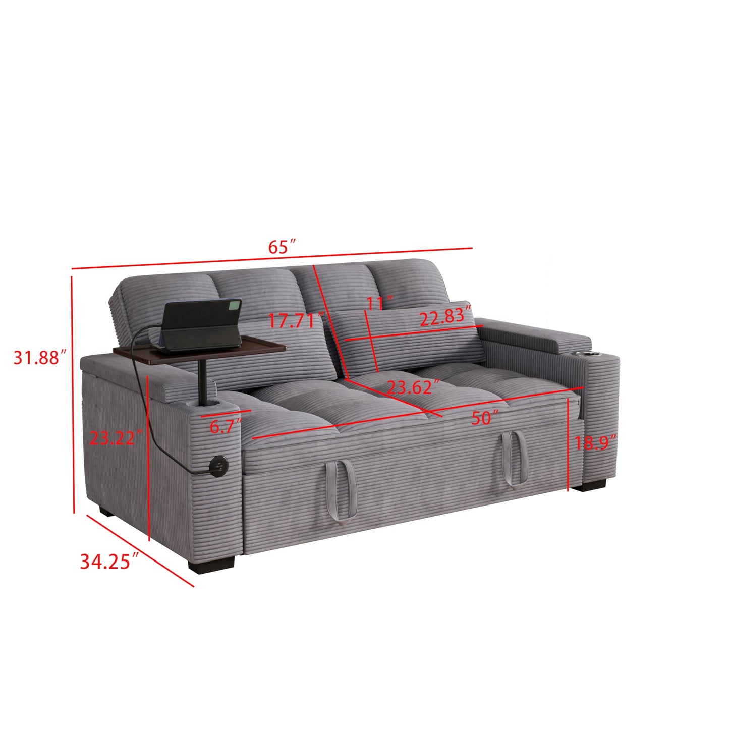 KEIKI 65" 3-in-1 Convertible Sofa Bed, Space-Saving Pull-Out Sleeper Loveseat with 360° Swivel Table, USB Charging Ports & Hidden Storage, Premium Ribbed Corduroy Couch for Apartments
