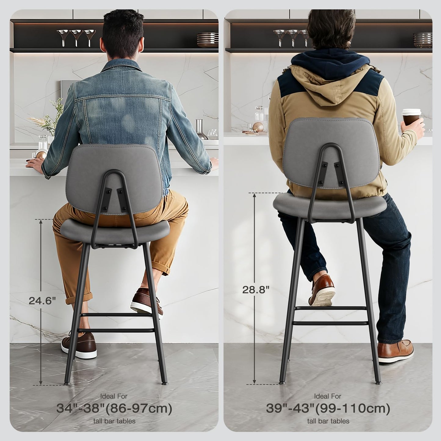 Raynesys 29-Inch Leather Bar Stools Set of 3, Counter Height Barstools with High Backrest，Bar Chairs for Kitchen Island with Heavy Duty Metal Base, Gray