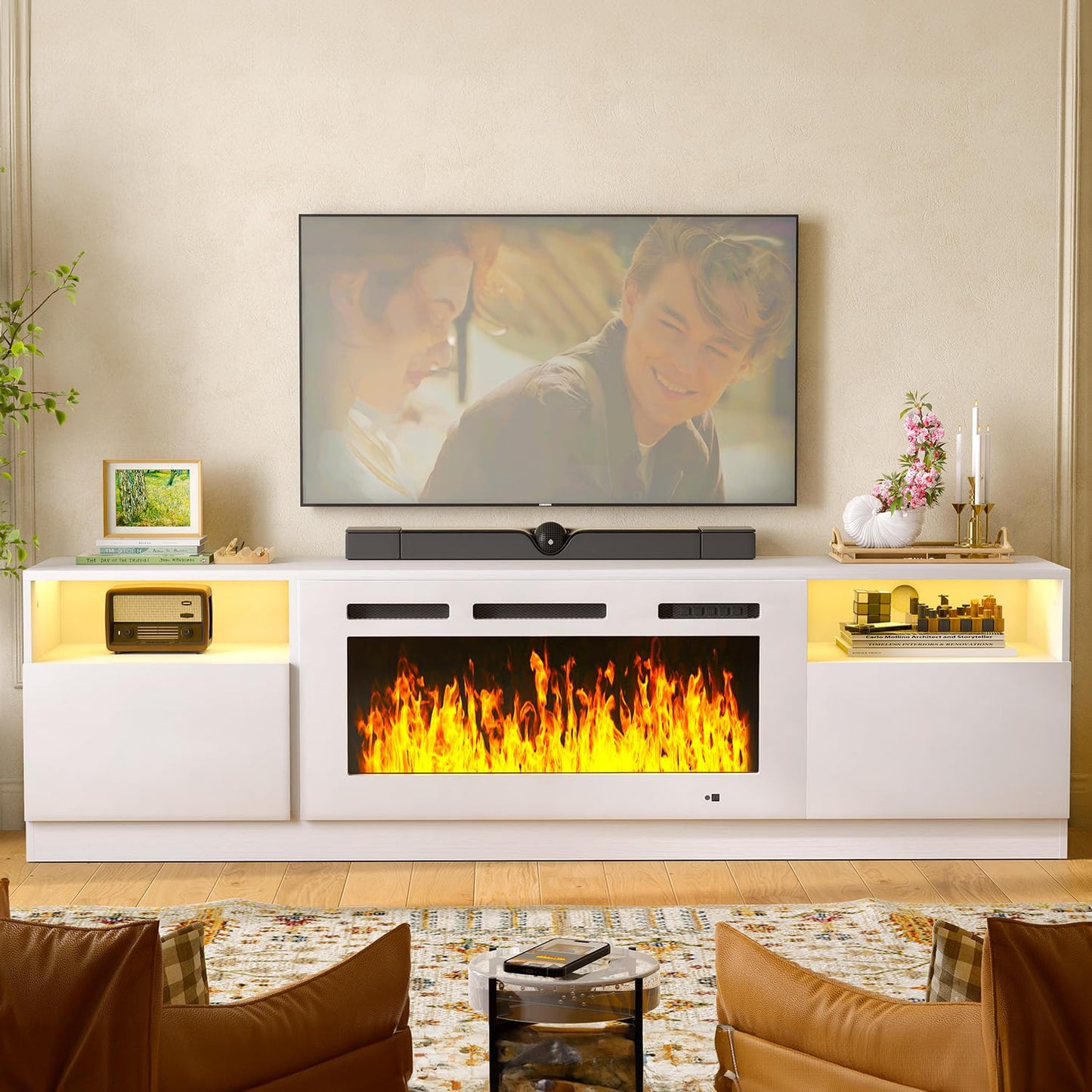 MXV 80" Fireplace TV Stand for TVs Up to 90", LED Light Entertainment Center with 36" Electric Fireplace, Modern Wood Texture TV Media Console with Highlight Storage Cabinet, White-White