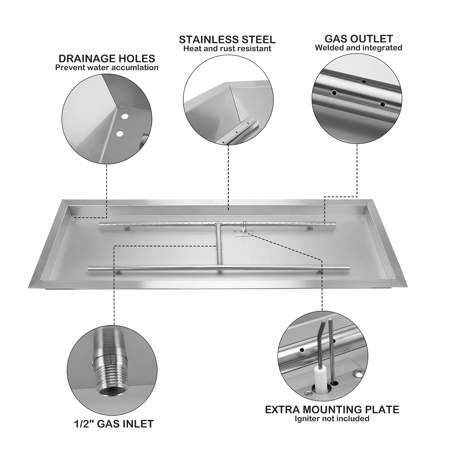Stanbroil 48 x 14 Inch Rectangle Drop-in Fire Pit H-Burner Pan, Gas Fire Pit Insert for Outside DIY Fire Table, 304 Stainless Steel, BTU 185,000 Max