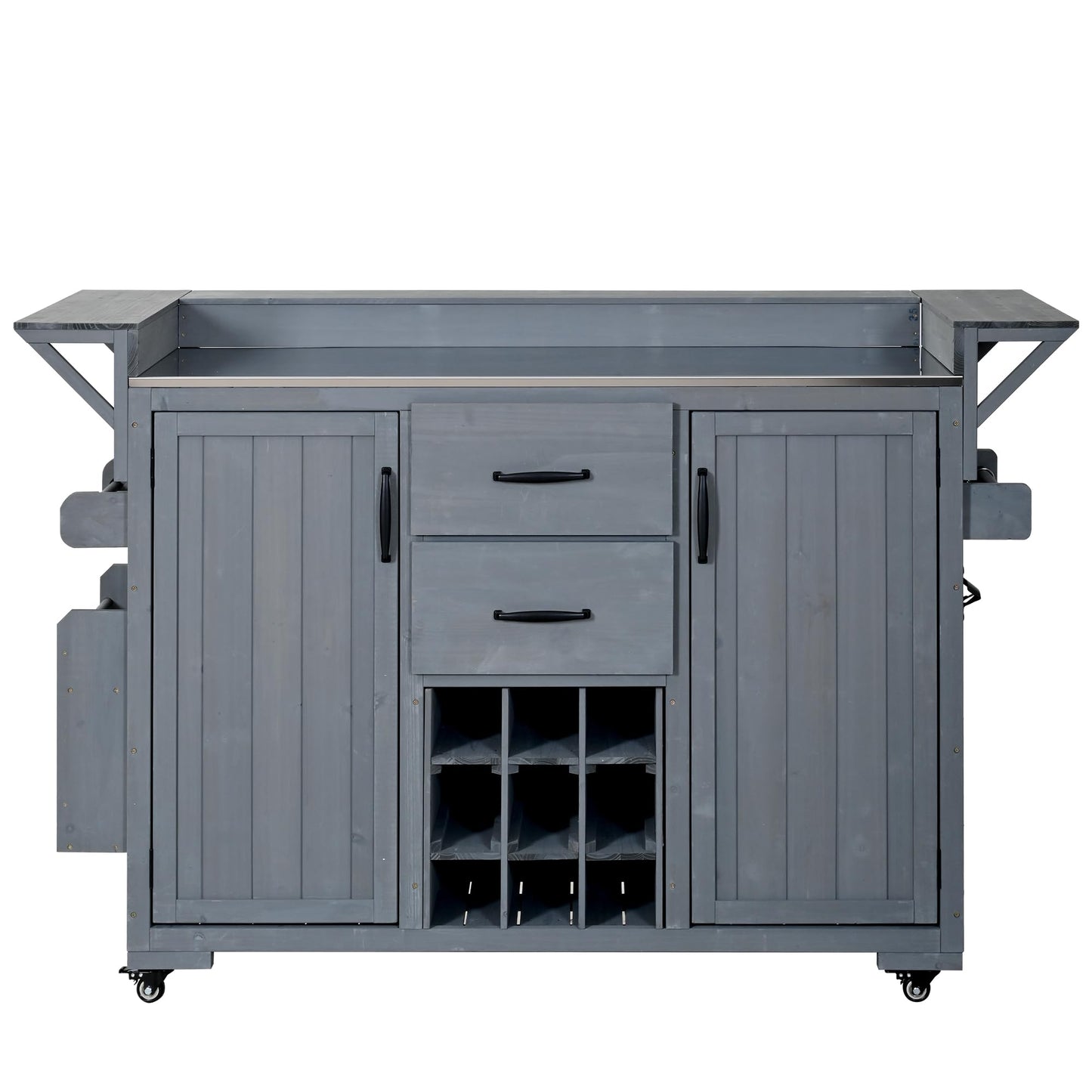 Merax 60.2''W Outdoor Kitchen Island on Wheels with Stainless Steel Top, Wood Rolling Patio Grill Cart with Storage Cabinets, Drawers, Spice Rack & Wine Rack, Outdoor Grill BBQ Prep Table, Gray