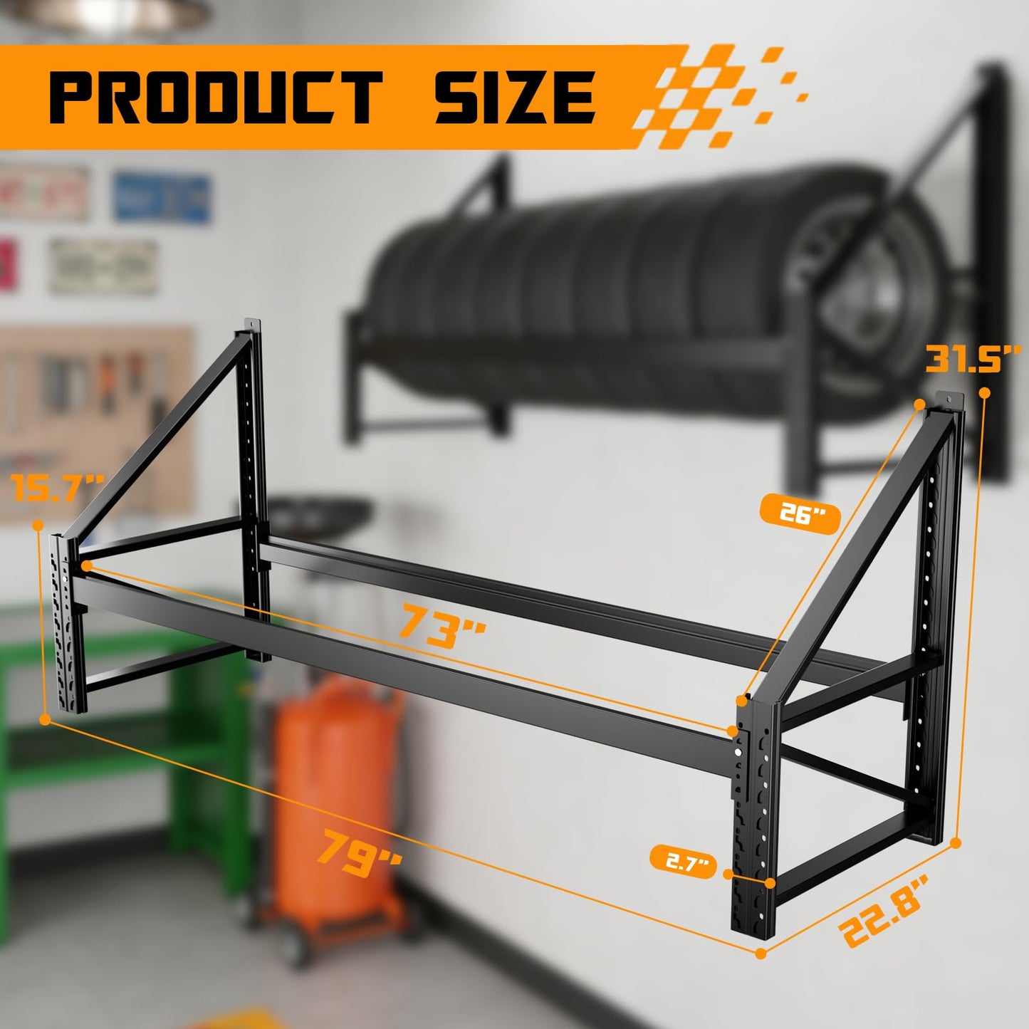 NULTRUMA Wall Mounted Heavy-Duty Tire Rack, 79"x31.5"x22.8" Large Capacity Tire Storage Shelf, 600lbs Max Load, Spare Tire Rack Powder Coated Steel for Garage, Workshop & Auto Repair Shop