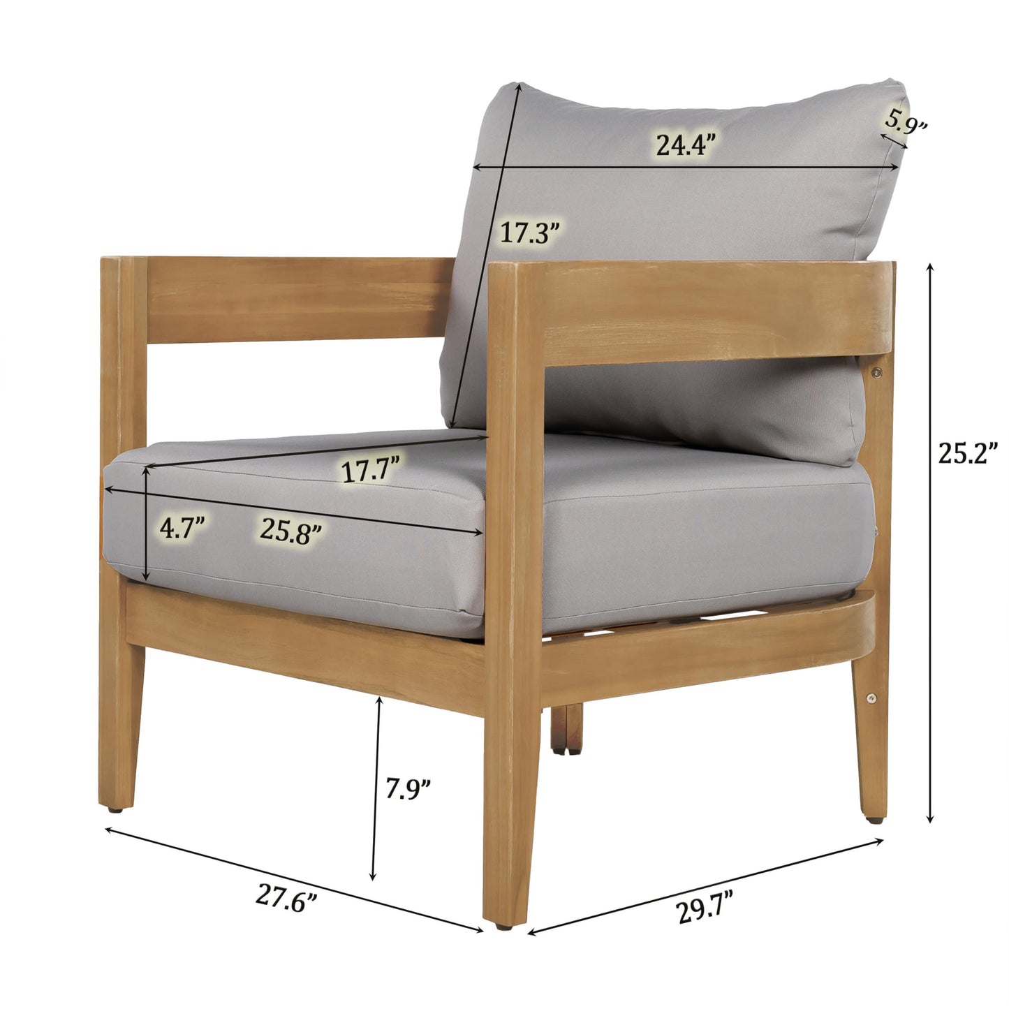 Christopher Knight Home Nadine Acacia Wood Club Chairs Set of 2, Outdoor Accent Chair, Tub Shape Design Armchair, Comfort Cushion Seating, Slat Open Back Reading Sofa for Balcony Garden, Teak+Gray