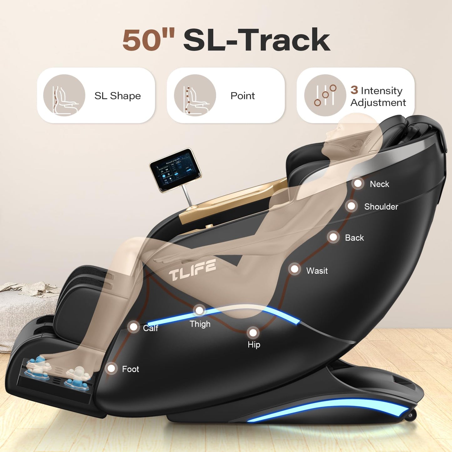 TLIFE Massage Chair Full Body, 160°Zero Gravity Recliner with Body Scan, 50" SL-Track Shiatsu Massage Chair, Fixed Point Massage, Foot Rollers, 12 Auto Modes, Deep Yoga Stretch, Heating, Black
