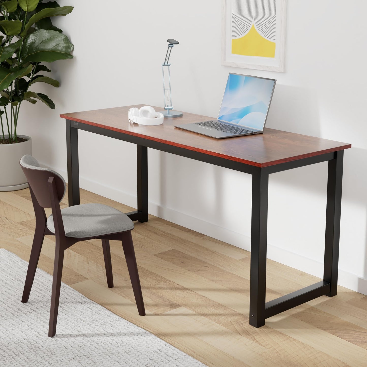Decoholic 63 Inch Computer Desk, Home & Office PC Laptop Study Writing Table Workstation with Leg Bars, Modern Simple Industrial Style, Rustic Brown