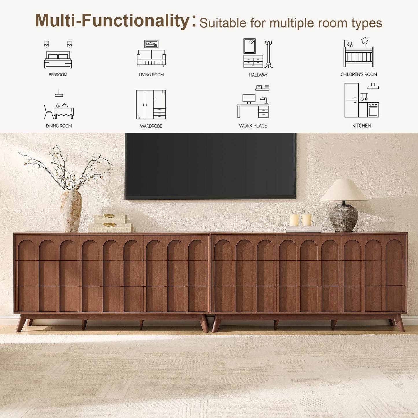 Oak&Sparrow Mid Century Modern Dresser for Bedroom, Walnut 9 Drawer Dresser with Arched Front, 63'' Wide Chest of Drawers Wood Storage Organizer for Living Room