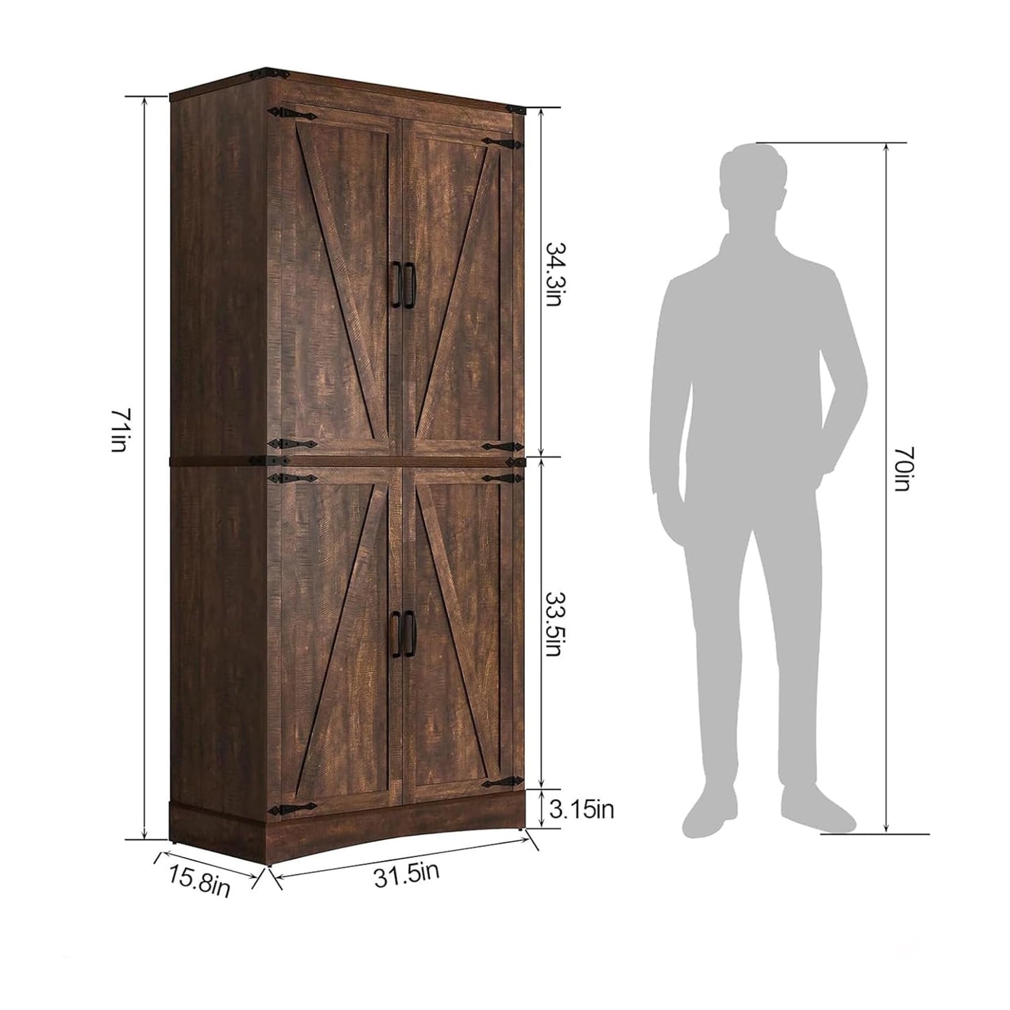 Hlivelood 71" Tall Kitchen Pantry,Farmhouse Storage Cabinet with Adjustable Shelves,Load-Bearing Steel Pipe,Farmhouse Pantry Cabinet with 4 Barn Doors, for Kitchen,Dining Room,Living Room(Brown)