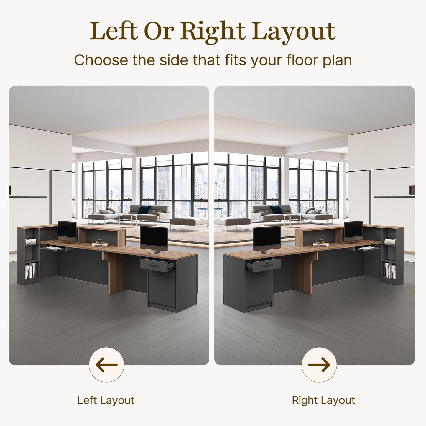 Nuipesn 87" Modern L-Shaped Reception Desk, Front Desk Counter with Drawer, Keyboard Tray and Storage Shelves, Left Layout, Dark Walnut