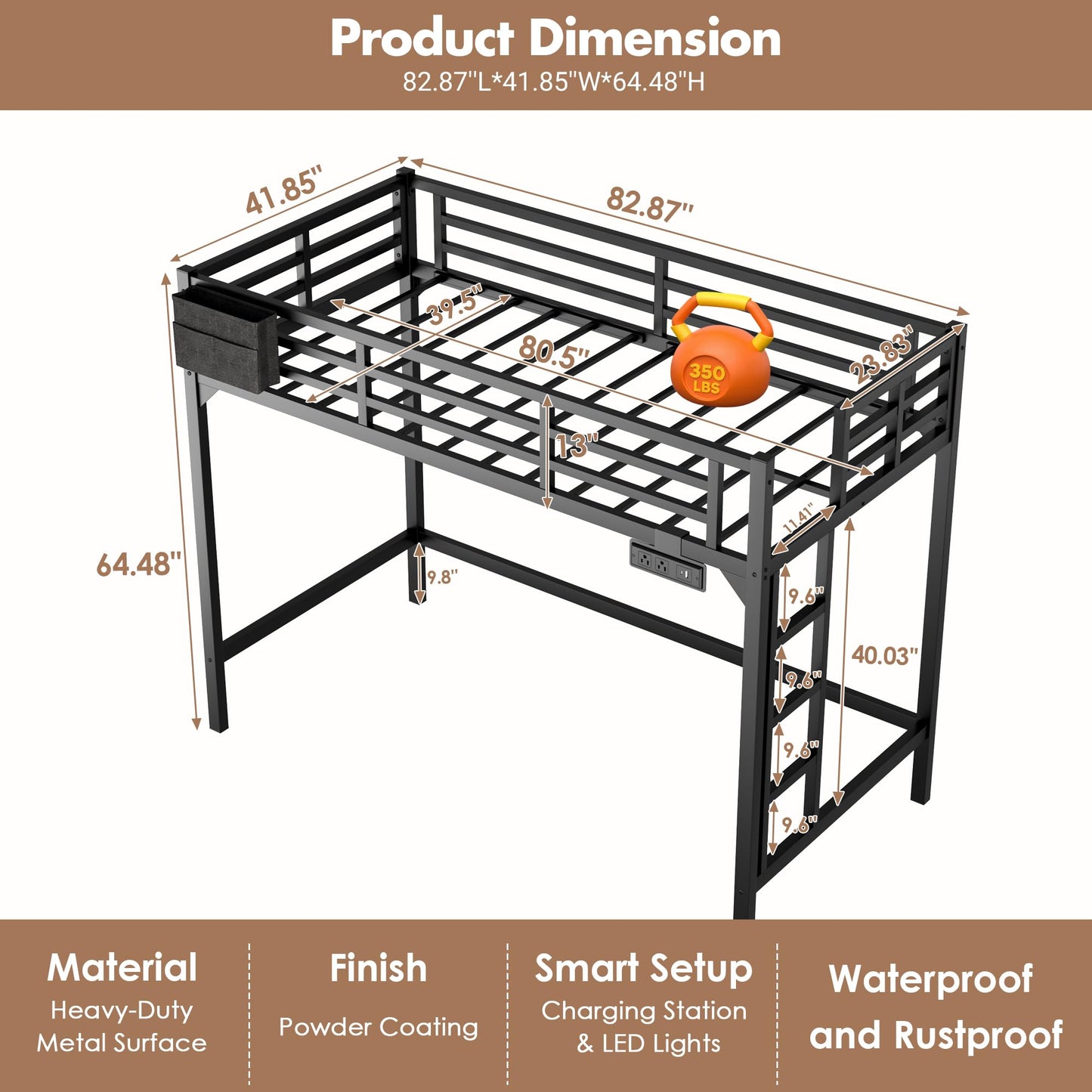Twin XL Loft Bed with LED Lights & Charging Station, Heavy Duty Metal Bed Frame with Ladder & Guardrail, Reinforced Twin XL Loft Bed with Storage Pocket Space-Saving for Adults, Guest Room, Dorm