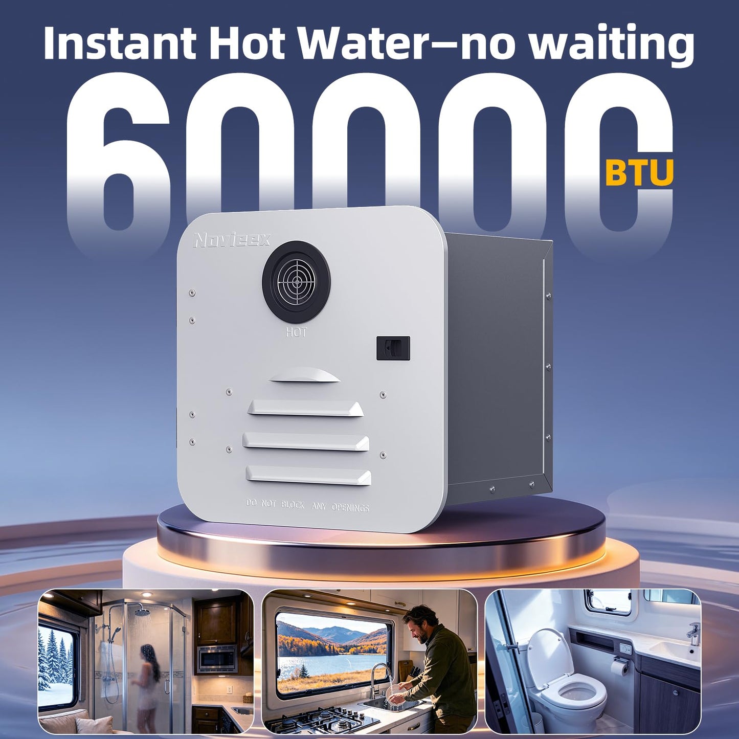 Novieex RV Water Heater, 60,000 BTU On-Demand Instant Tankless Hot Water Heater, 15"×15" White Door, 12V DC LPG Propane with Constant Temp & Anti-Freezing, CSA Certified for Camper Travel Trailer