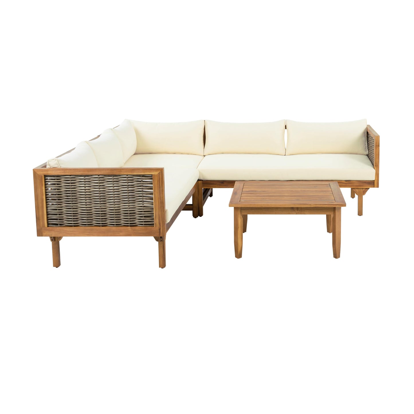 Christopher Knight Home Tenntt 5-Seater Acacia Wood Patio Furniture Set, Outdoor Conversation Sofa Chat Set with Coffee Table, Wicker Arm, Sectional Seating Group for Backyard Balcony, Teak+Beige