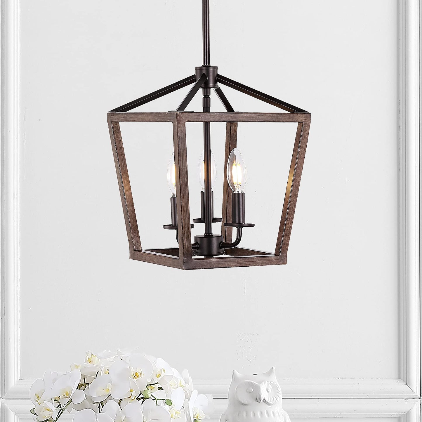 JONATHAN Y 10in 3-Light Industrial Lantern Pendant, Metal, Faux Wood-Oil Rubbed Bronze, Model JYL1321A