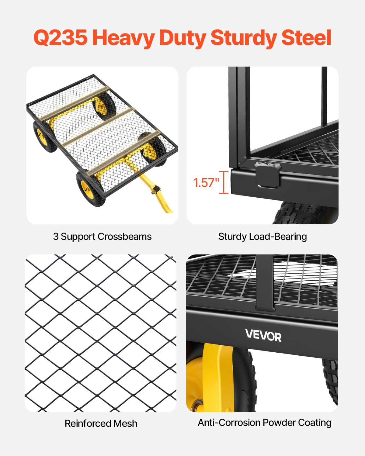 VEVOR Steel Garden Cart, 1400 lbs Heavy Duty Pullable Garden Wagon Yard Cart, 2 in 1 Outdoor Metal Utility Wagon Yard Trailer with 13" All Terrain Tires, Mesh Detachable Sides and 180° Rotating Handle