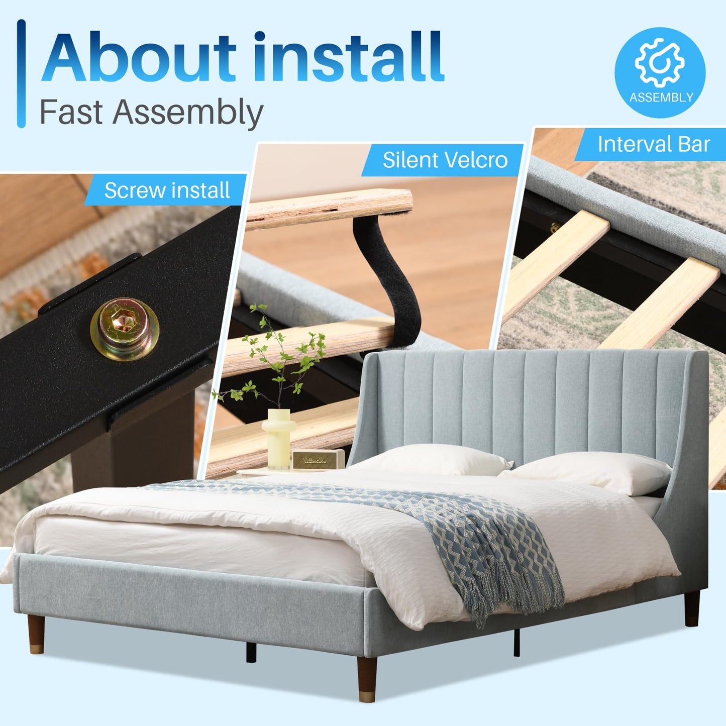 YUHUASHI Queen Size Bed Frame with Linen Fabric Twin Wingback Headboard, Upholstered Platform Bed with Wooden Slat Support, Noiseless, No Box Spring Required (Light Blue, Full)