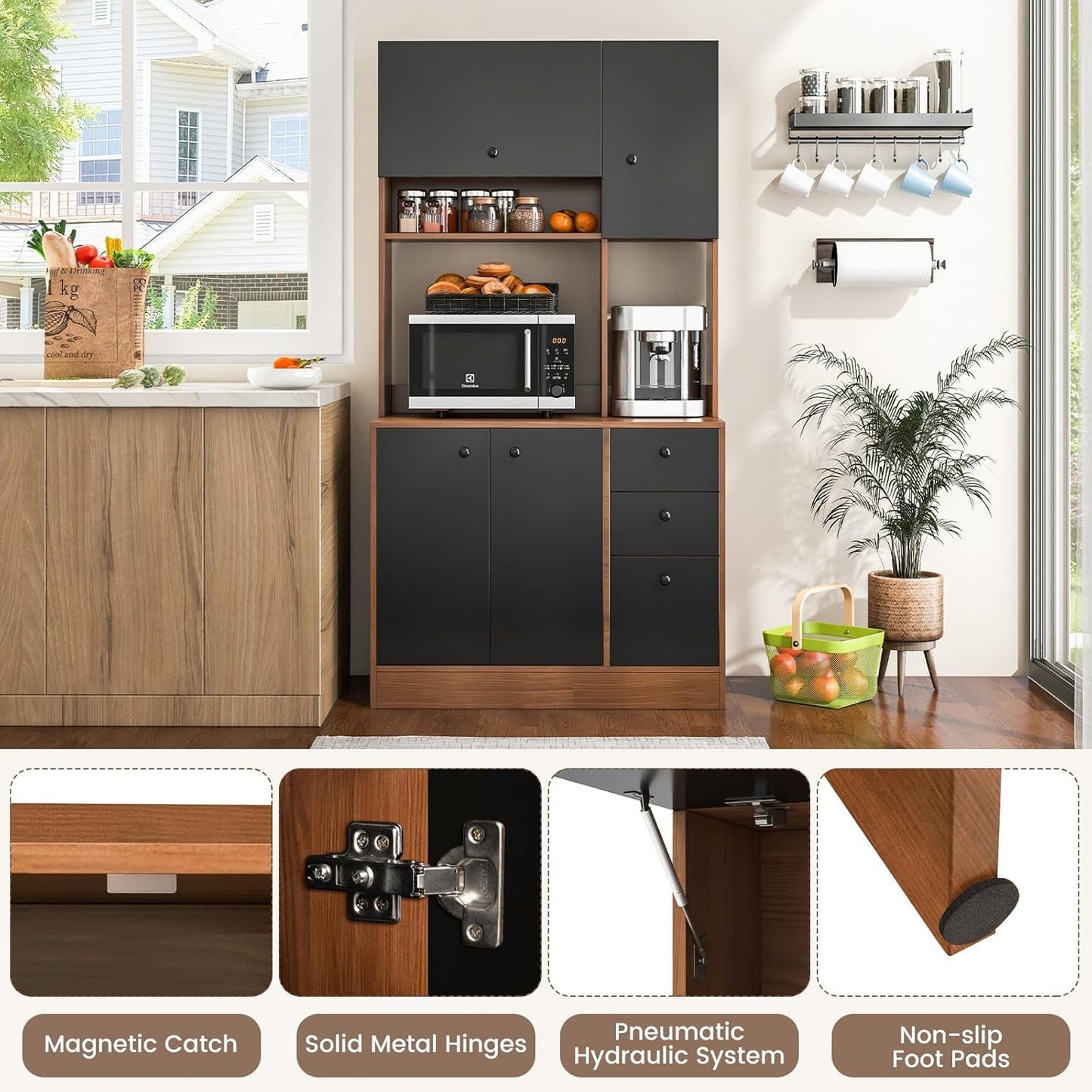 Nightcore Kitchen Pantry Storage Cabinet, 71" Freestanding Pantry with 3 Deep Drawers, Adjustable Shelves, Kitchen Hutch with Microwave Countertop for Dining Room, Living Room (Walnut & Black)