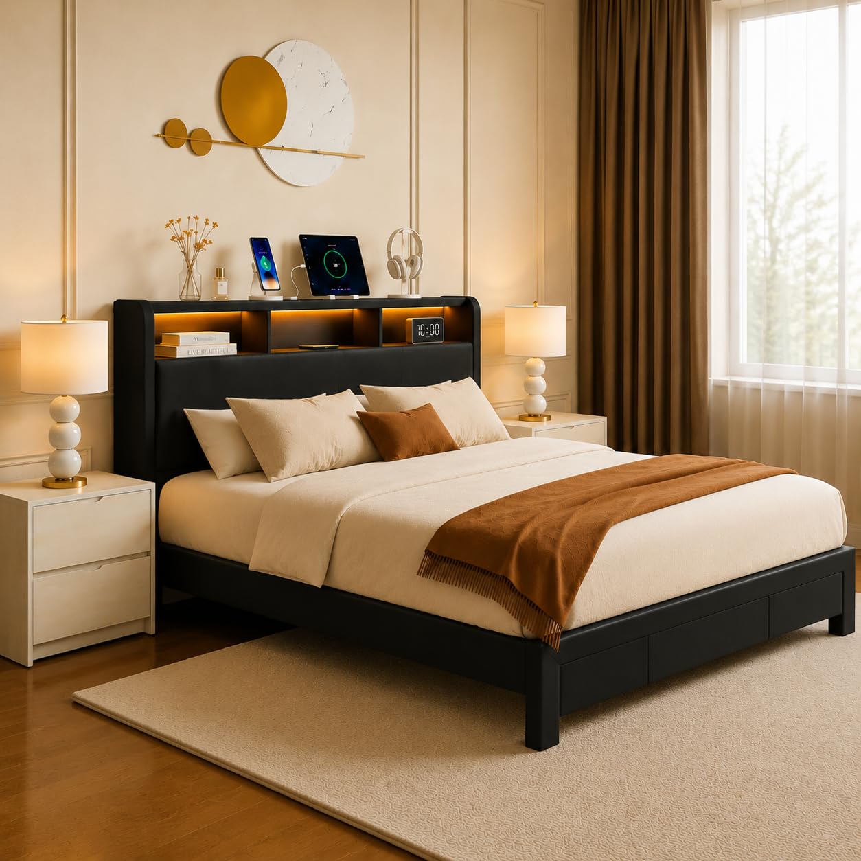 KEIKI Queen Size Upholstered Platform Bed Frame with Storage Headboard and Drawers, LED Bed Frame with Charging Station, Corduroy Mattress Foundation with Silent Slats, No Box Spring Needed